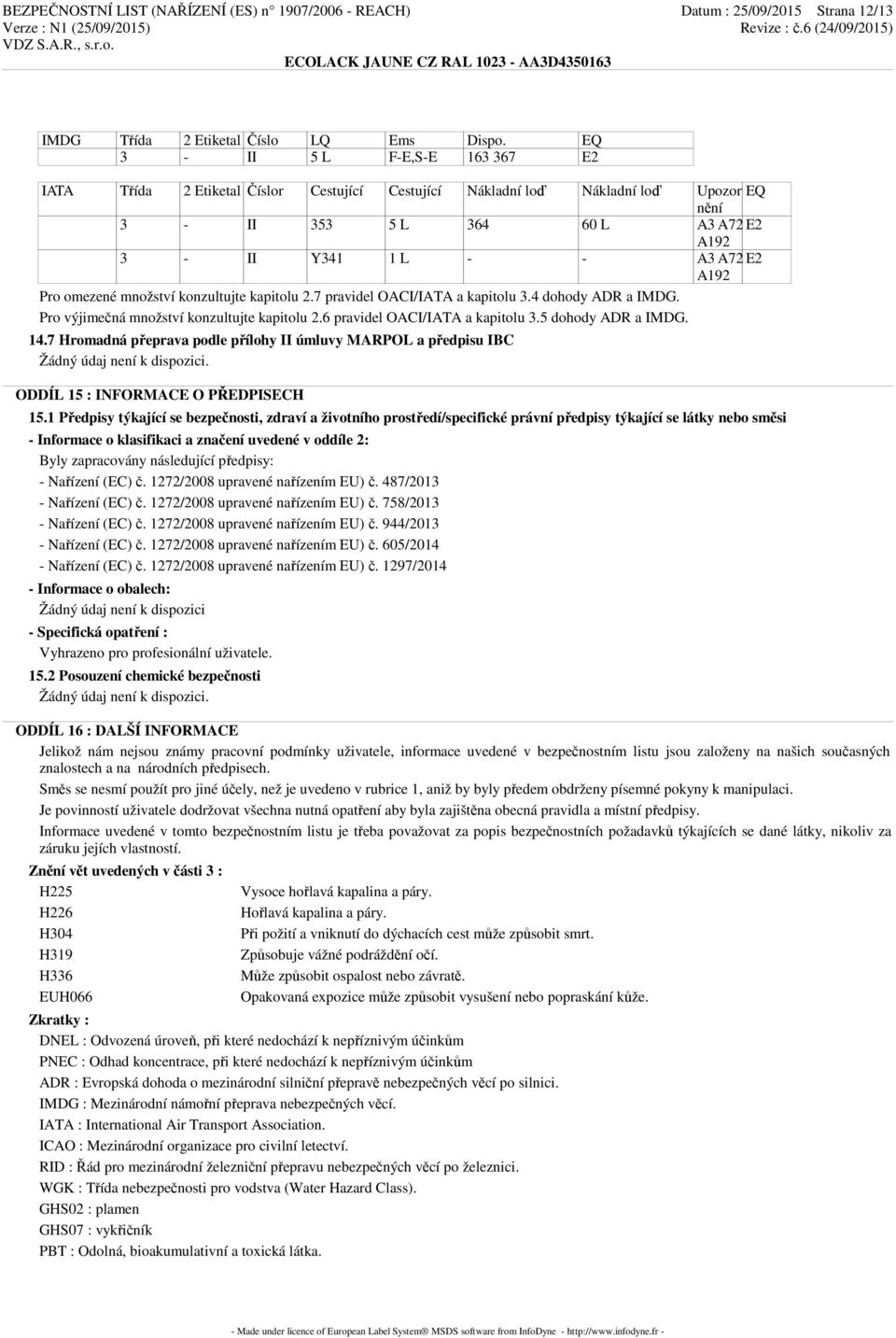 Pro omezené množství konzultujte kapitolu 2.7 pravidel OACI/IATA a kapitolu 3.4 dohody ADR a IMDG. Pro výjimečná množství konzultujte kapitolu 2.6 pravidel OACI/IATA a kapitolu 3.5 dohody ADR a IMDG.