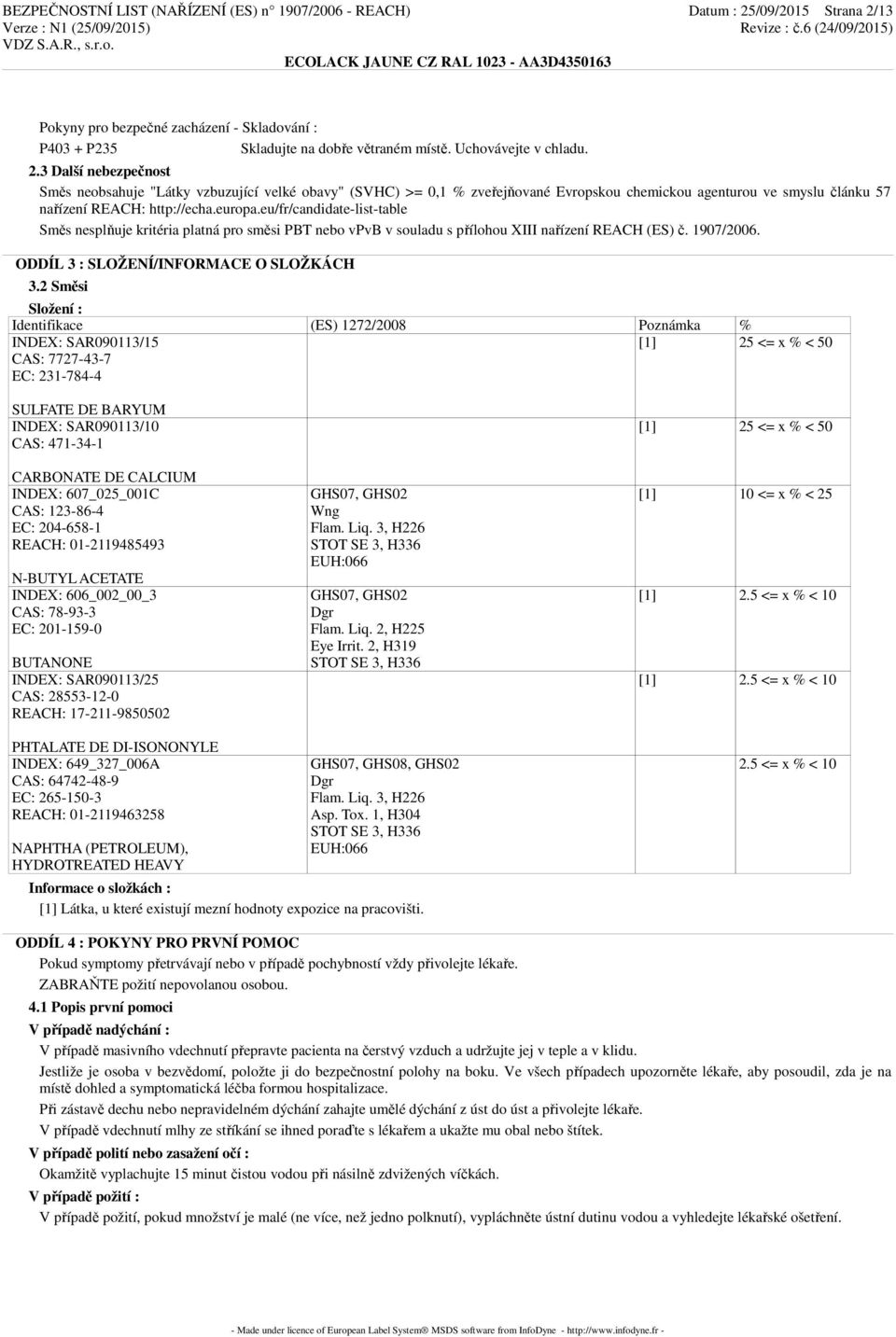 eu/fr/candidate-list-table Směs nesplňuje kritéria platná pro směsi PBT nebo vpvb v souladu s přílohou XIII nařízení REACH (ES) č. 1907/2006. ODDÍL 3 : SLOŽENÍ/INFORMACE O SLOŽKÁCH 3.