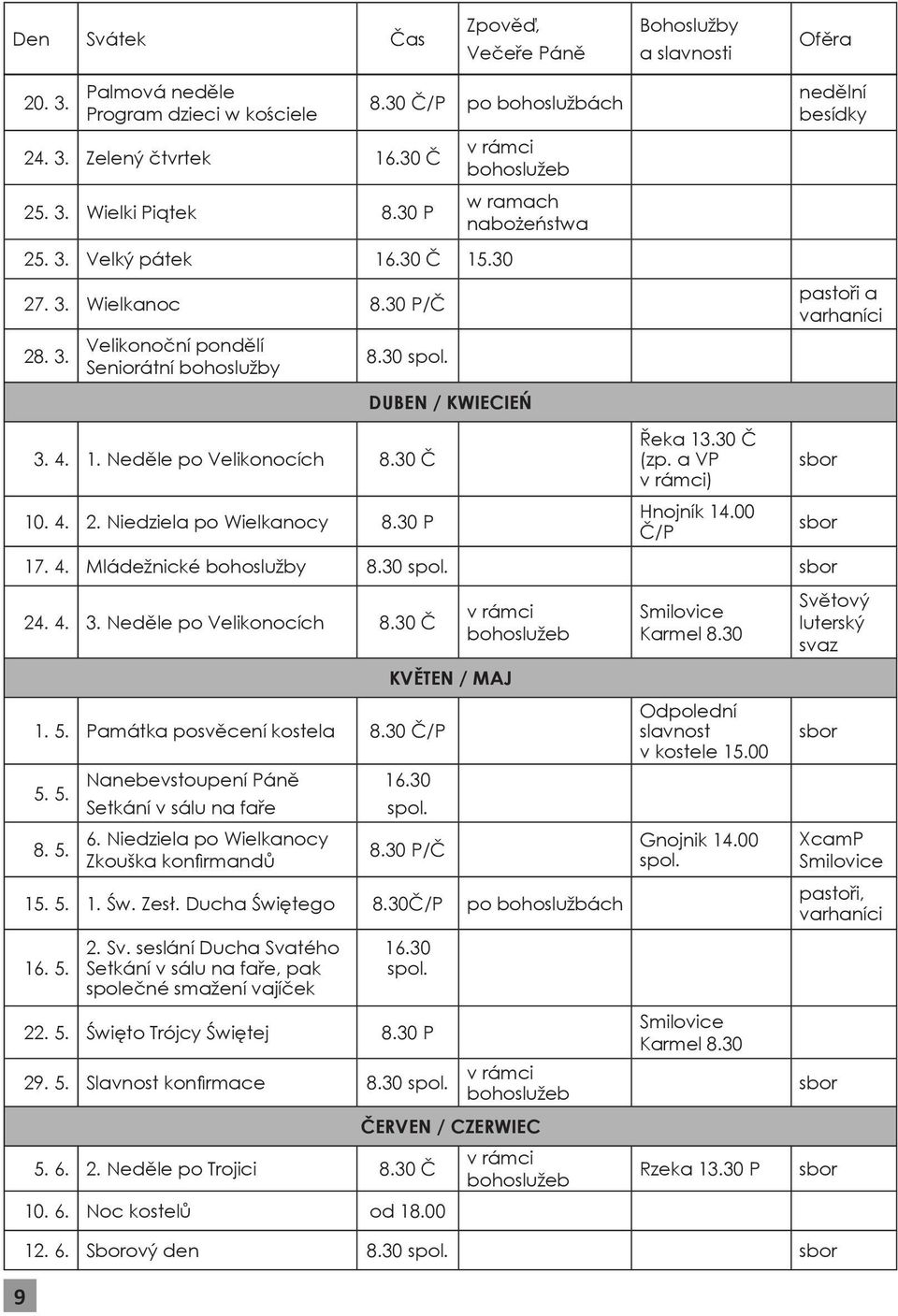 30 Č 10. 4. 2. Niedziela po Wielkanocy 8.30 P DUBEN / KWIECIEŃ Řeka 13.30 Č (zp. a VP v rámci) Hnojník 14.00 Č/P 17. 4. Mládežnické bohoslužby 8.30 spol. 24. 4. 3. Neděle po Velikonocích 8.30 Č 1. 5.