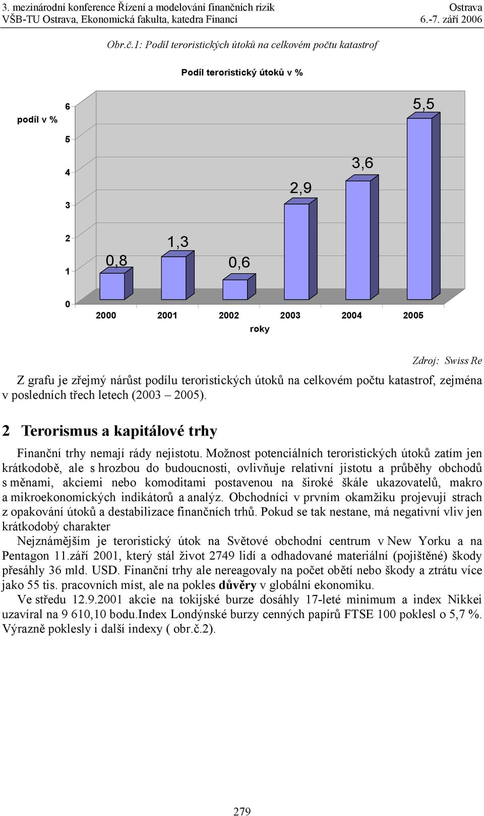 zřejmý nárůst podílu teroristických útoků na celkovém počtu katastrof, zejména v posledních třech letech (2003 2005). 2 Terorismus a kapitálové trhy Finanční trhy nemají rády nejistotu.