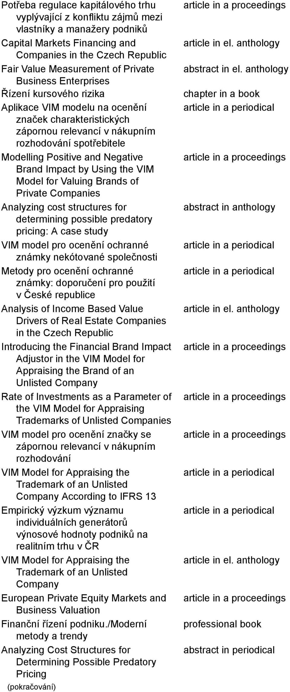 Impact by Using the VIM Model for Valuing Brands of Private Companies Analyzing cost structures for determining possible predatory pricing: A case study VIM model pro ocenění ochranné známky