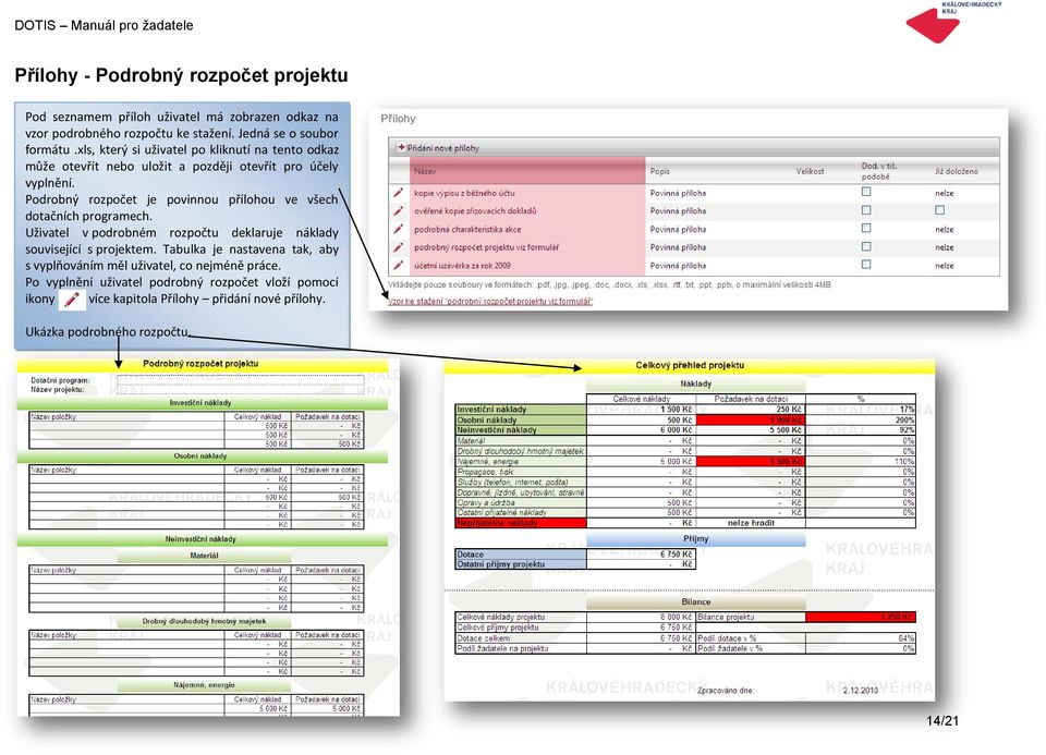 Podrobný rozpočet je povinnou přílohou ve všech dotačních programech. Uživatel v podrobném rozpočtu deklaruje náklady související s projektem.