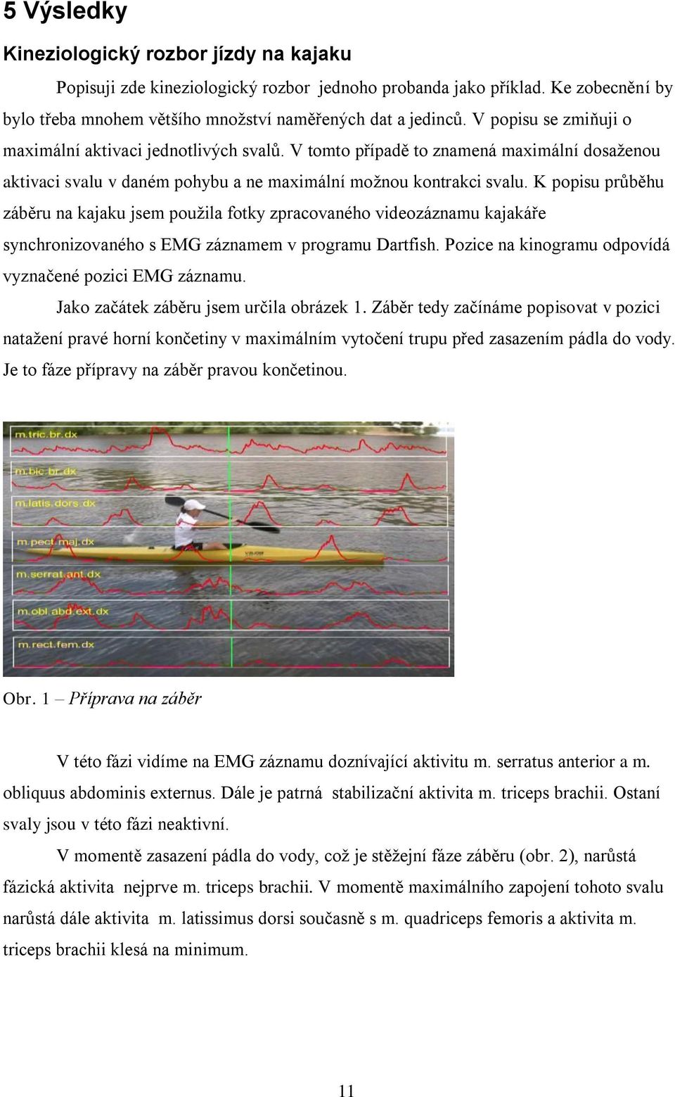 K popisu průběhu záběru na kajaku jsem použila fotky zpracovaného videozáznamu kajakáře synchronizovaného s EMG záznamem v programu Dartfish. Pozice na kinogramu odpovídá vyznačené pozici EMG záznamu.