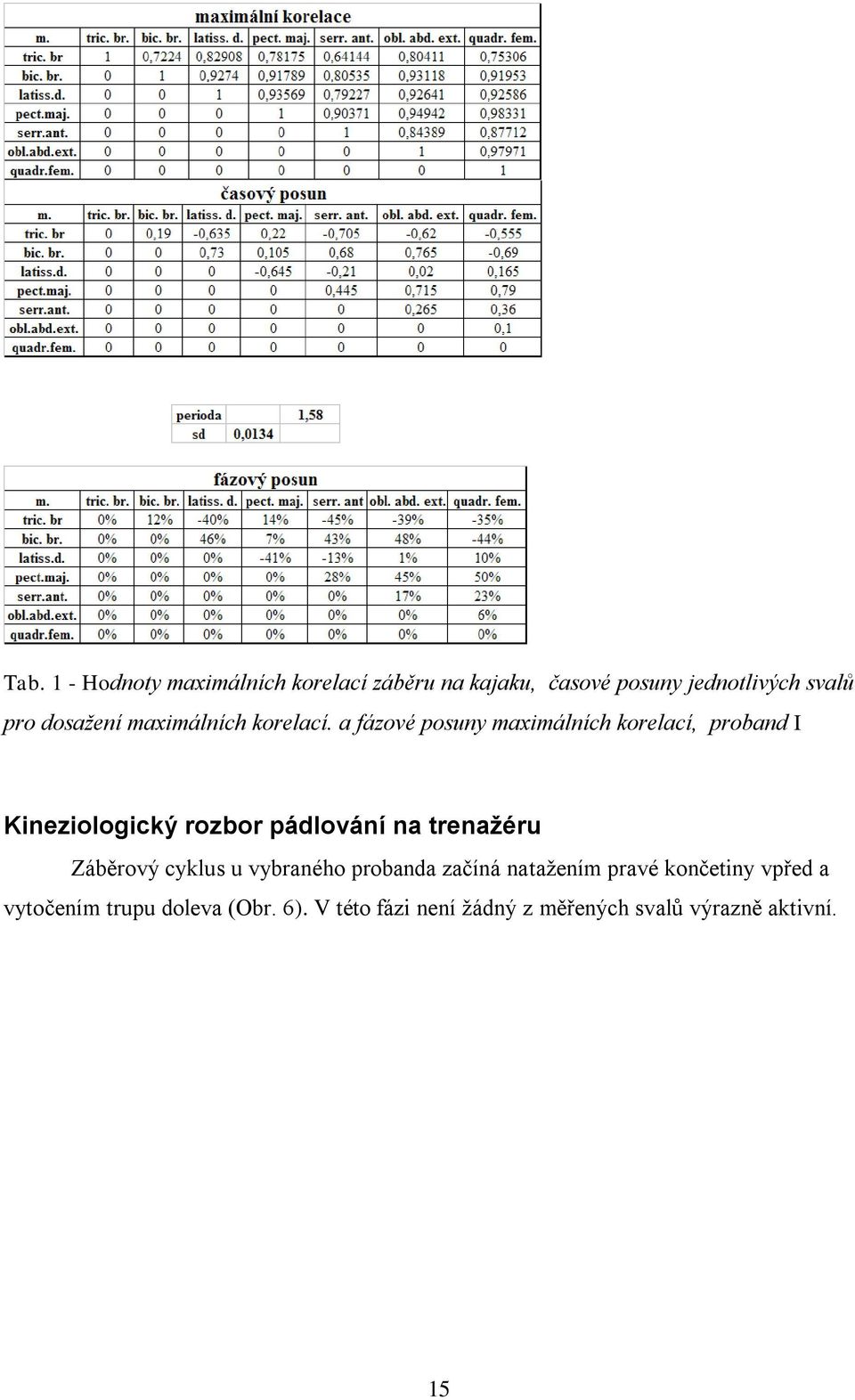 a fázové posuny maximálních korelací, proband I Kineziologický rozbor pádlování na trenažéru