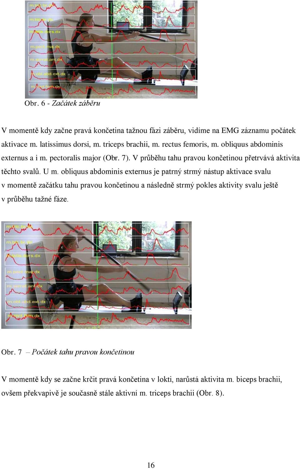 obliquus abdominis externus je patrný strmý nástup aktivace svalu v momentě začátku tahu pravou končetinou a následně strmý pokles aktivity svalu ještě v průběhu tažné fáze.