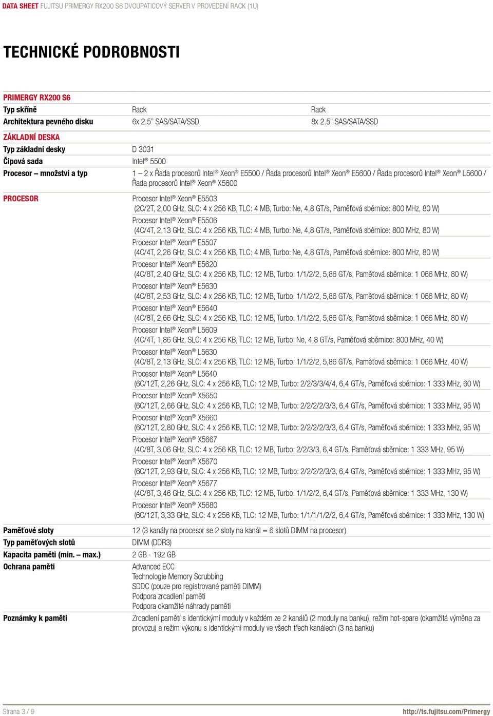 Xeon L5600 / Řada procesorů Intel Xeon X5600 Procesor Paměťové sloty Typ paměťových slotů Kapacita paměti (min. max.