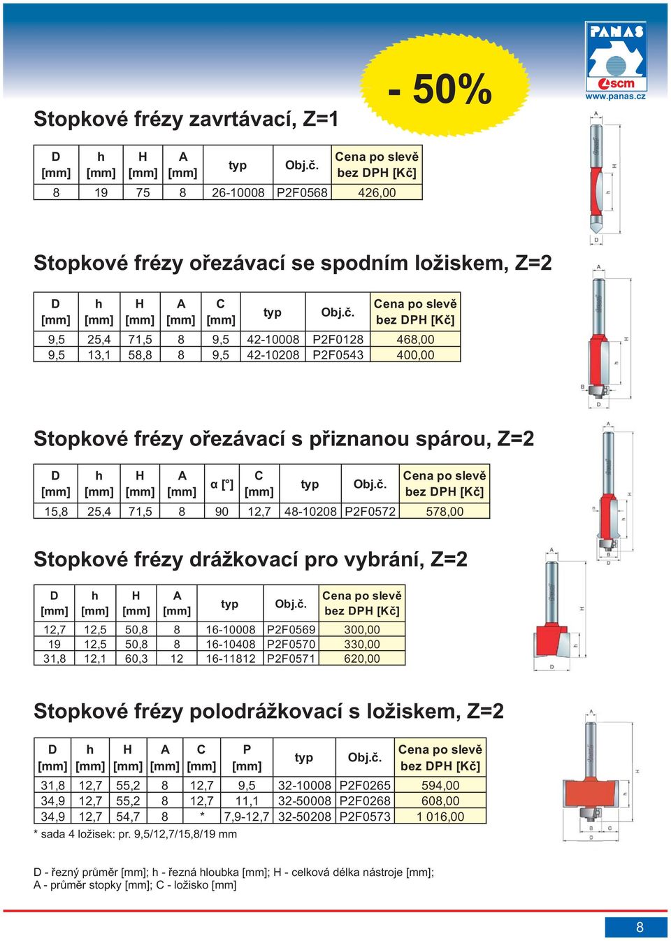 s přiznanou spárou, Z=2 α[ ] 15,8 25,4 71,5 8 90 12,7 48-10208 P2F0572 578,00 Stopkové frézy drážkovací pro vybrání, Z=2 12,7 12,5 50,8 8 16-10008 P2F0569 300,00 19 12,5 50,8 8 16-10408 P2F0570