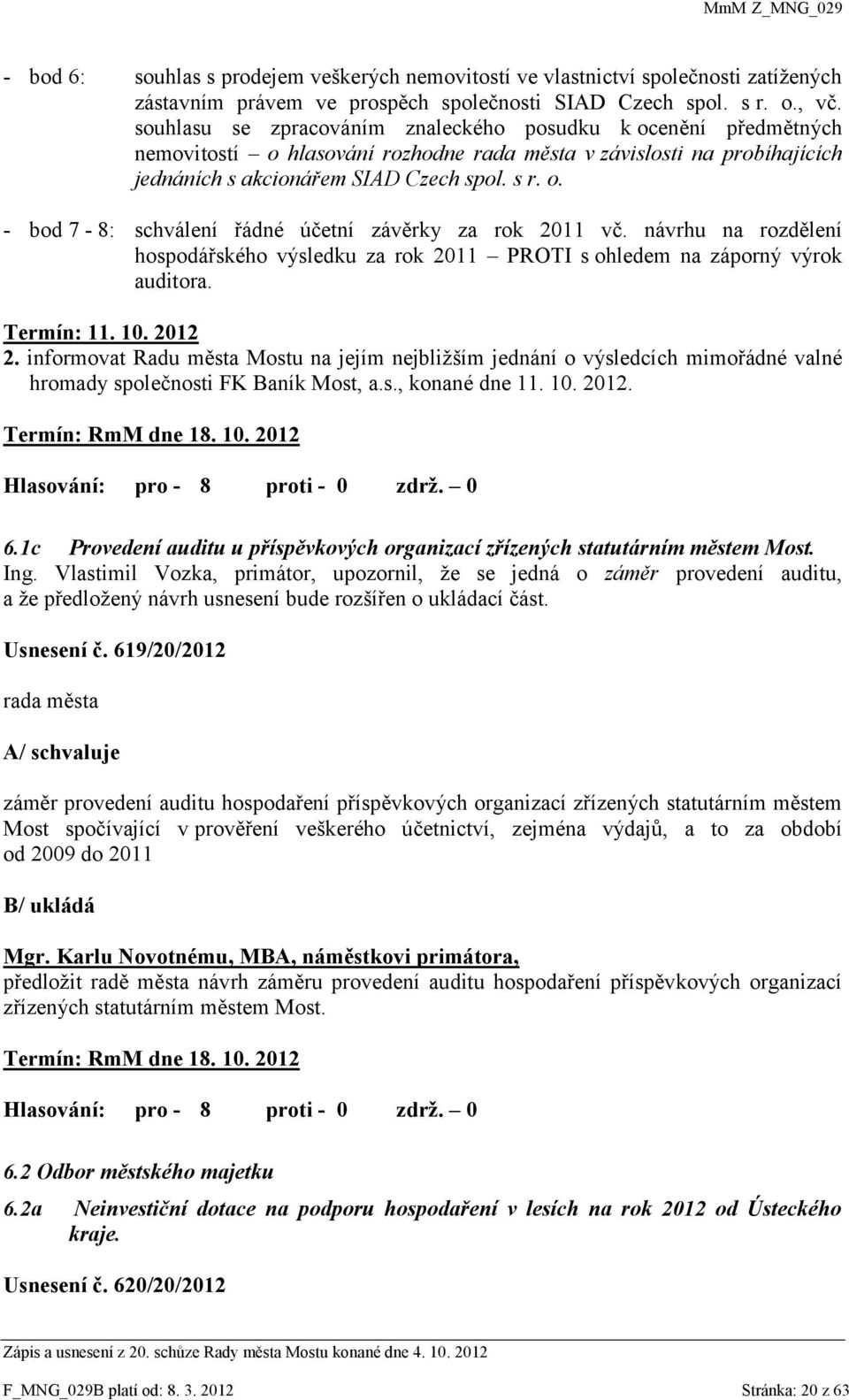 návrhu na rozdělení hospodářského výsledku za rok 2011 PROTI s ohledem na záporný výrok auditora. Termín: 11. 10. 2012 2.