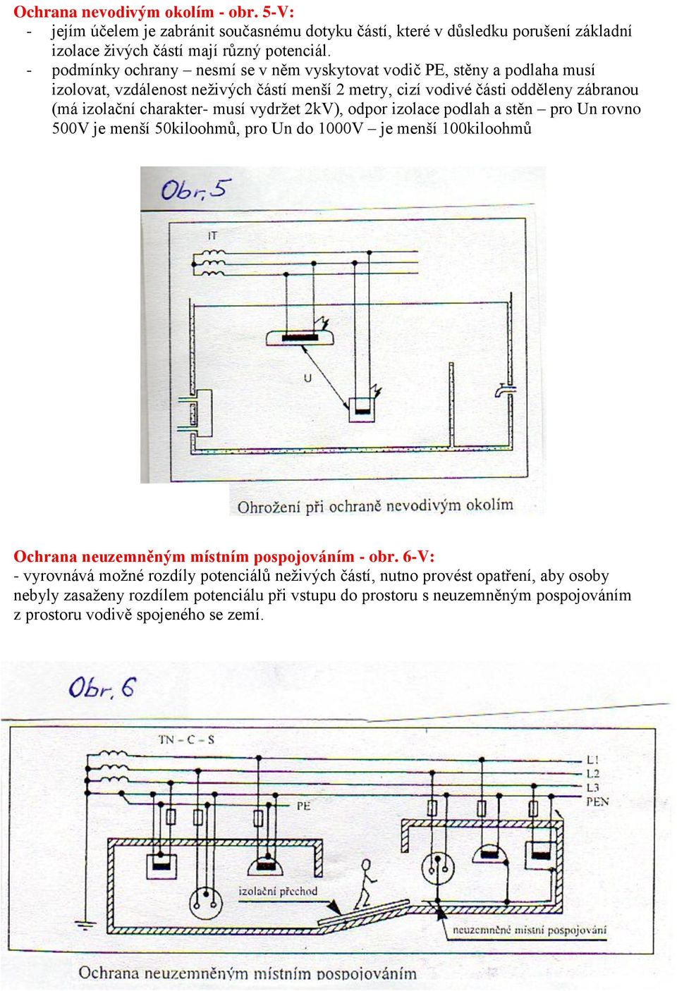 charakter- musí vydržet 2kV), odpor izolace podlah a stěn pro Un rovno 500V je menší 50kiloohmů, pro Un do 1000V je menší 100kiloohmů Ochrana neuzemněným místním pospojováním - obr.