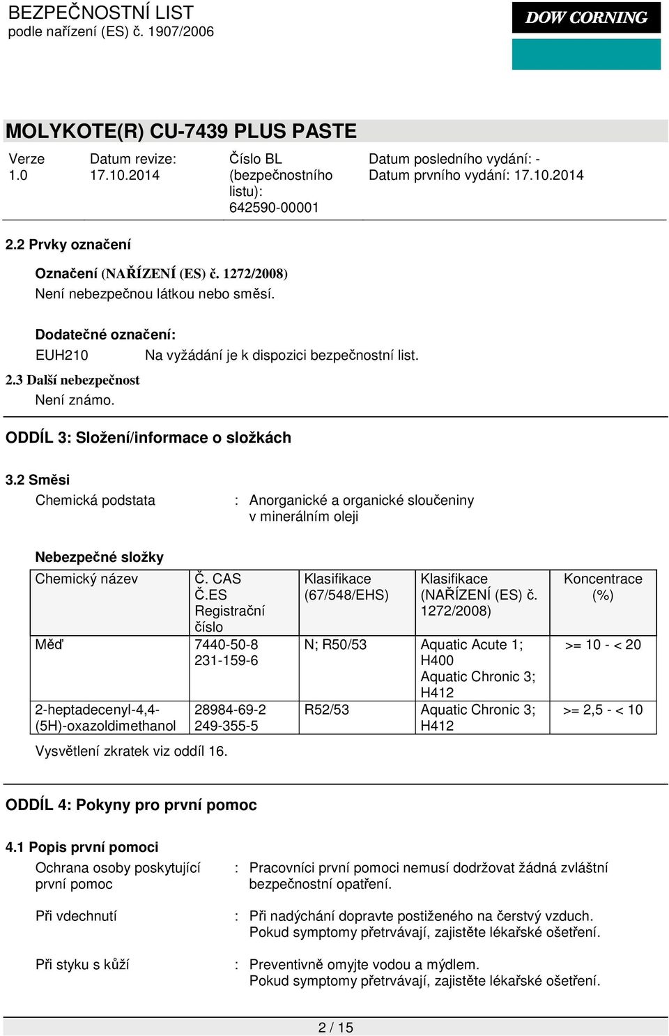 ES Registrační číslo Měď 7440-50-8 231-159-6 2-heptadecenyl-4,4- (5H)-oxazoldimethanol Vysvětlení zkratek viz oddíl 16. 28984-69-2 249-355-5 Klasifikace (67/548/EHS) Klasifikace (NAŘÍZENÍ (ES) č.