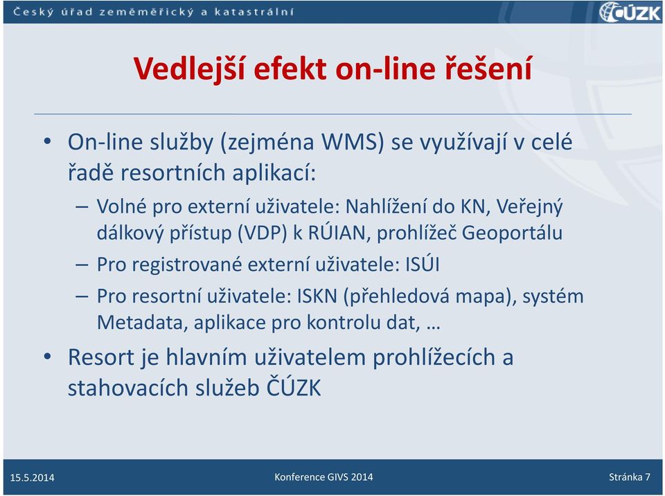 registrované externí uživatele: ISÚI Pro resortní uživatele: ISKN (přehledová mapa), systém Metadata, aplikace