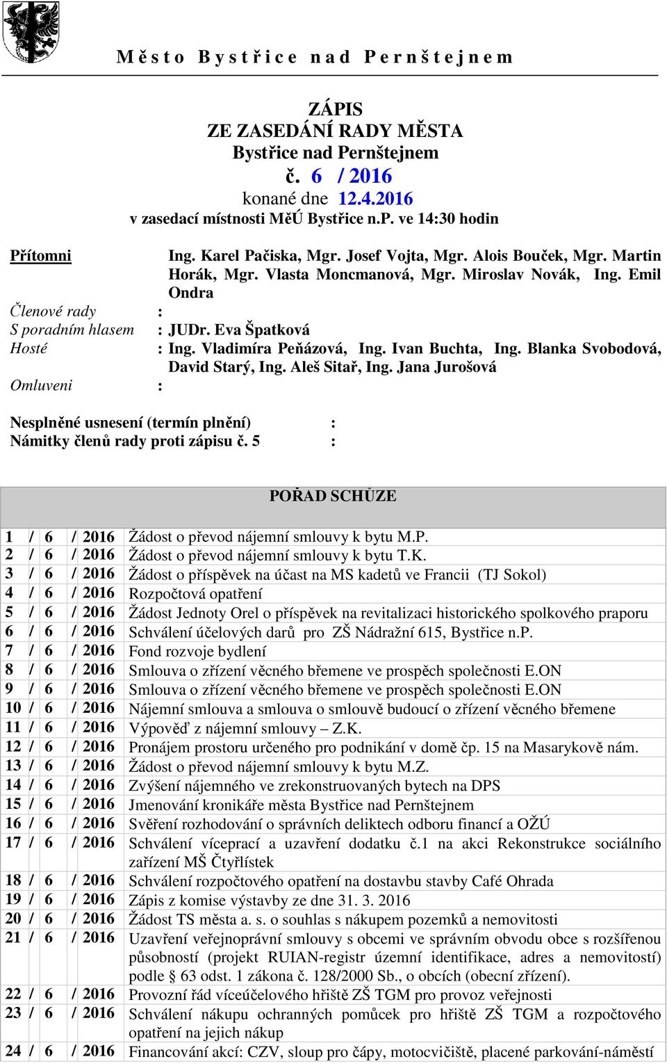 Emil Ondra Členové rady : S poradním hlasem : JUDr. Eva Špatková Hosté : Ing. Vladimíra Peňázová, Ing. Ivan Buchta, Ing. Blanka Svobodová, David Starý, Ing. Aleš Sitař, Ing.