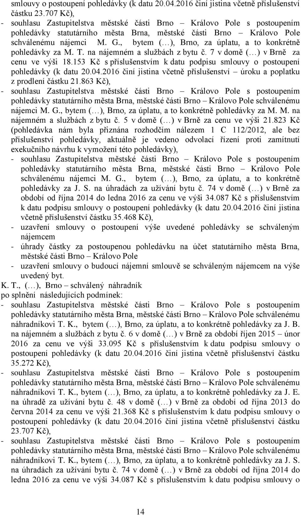 , bytem ( ), Brno, za úplatu, a to konkrétně pohledávky za M. T. na nájemném a službách z bytu č. 7 v domě ( ) v Brně za cenu ve výši 18.