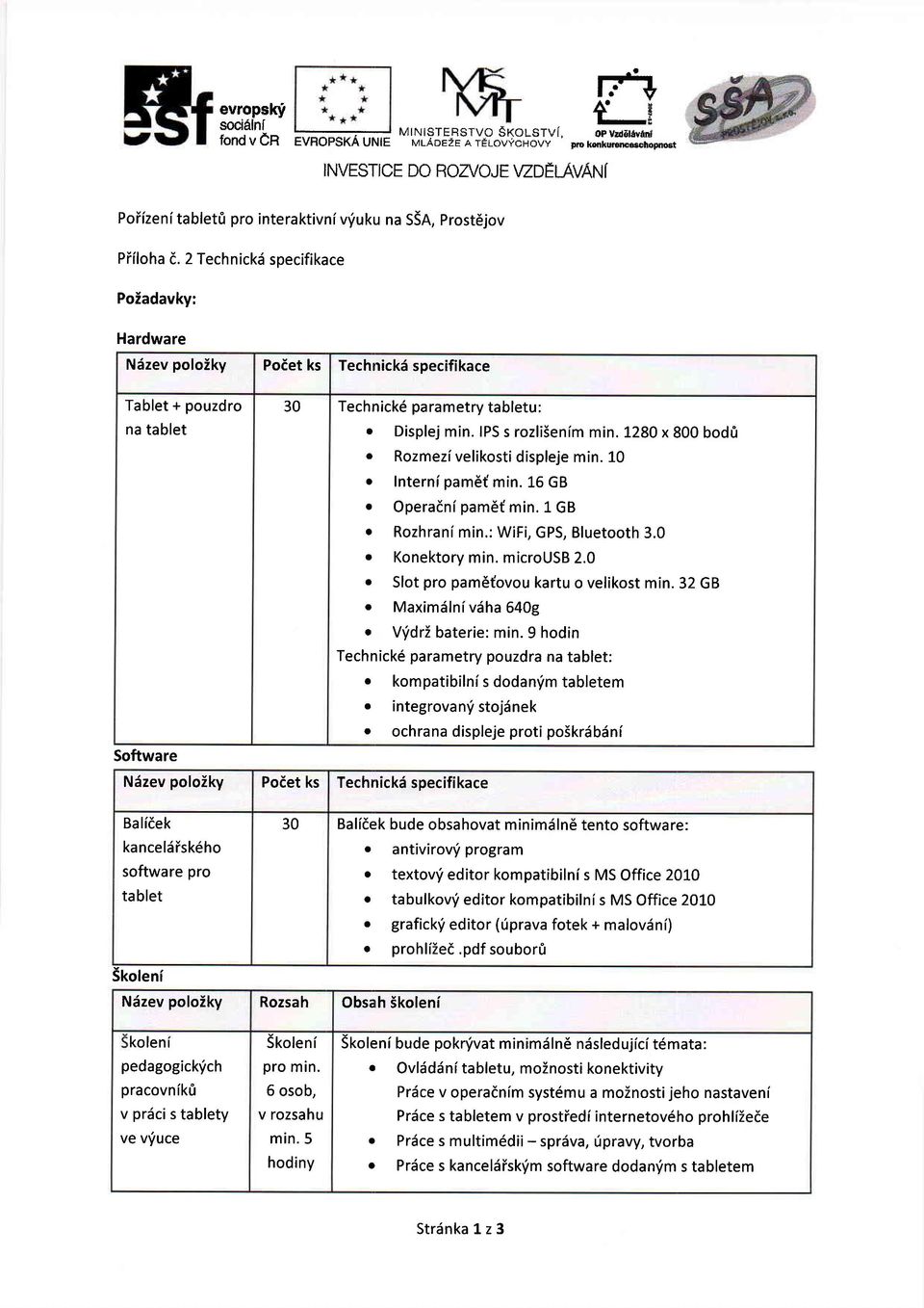 2 Technickd specifikace Piadavky: Hardware Ndzev pliky Piet ks Techrrickd specifikace Tablet + puzdr na tablet Sftware 5kleni 30 Technick6 pa rametry tabletu : r Displej min. IPS s rzliseni min.