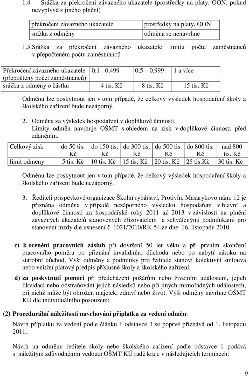 odměny o částku 4 tis. Kč 8 tis. Kč 15 tis. Kč Odměnu lze poskytnout jen v tom případě, že celkový výsledek hospodaření školy a školského zařízení bude nezáporný. 2.