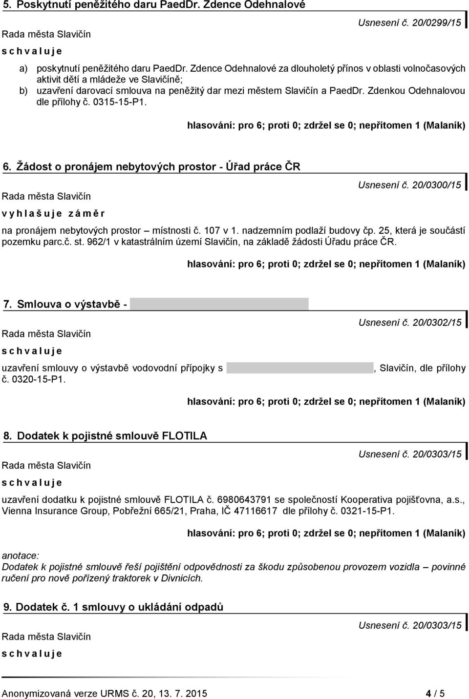 Zdenkou Odehnalovou dle přílohy č. 0315-15-P1. 6. Žádost o pronájem nebytových prostor - Úřad práce ČR v y h l a š u j e z á m ě r Usnesení č. 20/0300/15 na pronájem nebytových prostor místnosti č.