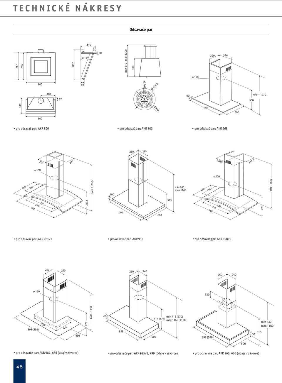 odsavač par: AKR 951/1 pro odsavač par: AKR 953 pro odsavač par: AKR 950/1 250 240 250 240 250 240 ø 150 130 898 (598) 498 410 450 278 690 1130 715 (670) 515 (475) max 1165