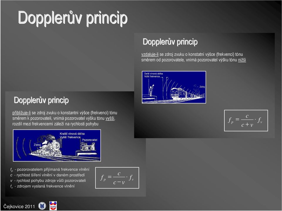 pozorovatel výšku tónu vyšší, rozdíl mezi frekvencemi záleží na rychlosti pohybu f c = c + v p f v f p - pozorovatelem přijímaná frekvence