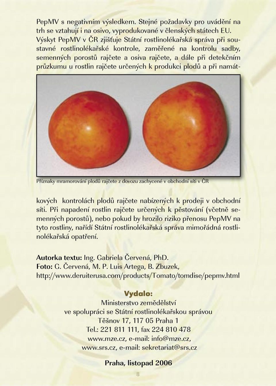 Výskyt PepMV v ČR zjišťuje Státní rostlinolékařská správa při soustavné rostlinolékařské kontrole, zaměřené na kontrolu sadby, semenných porostů rajčete a osiva rajčete, a dále při detekčním průzkumu