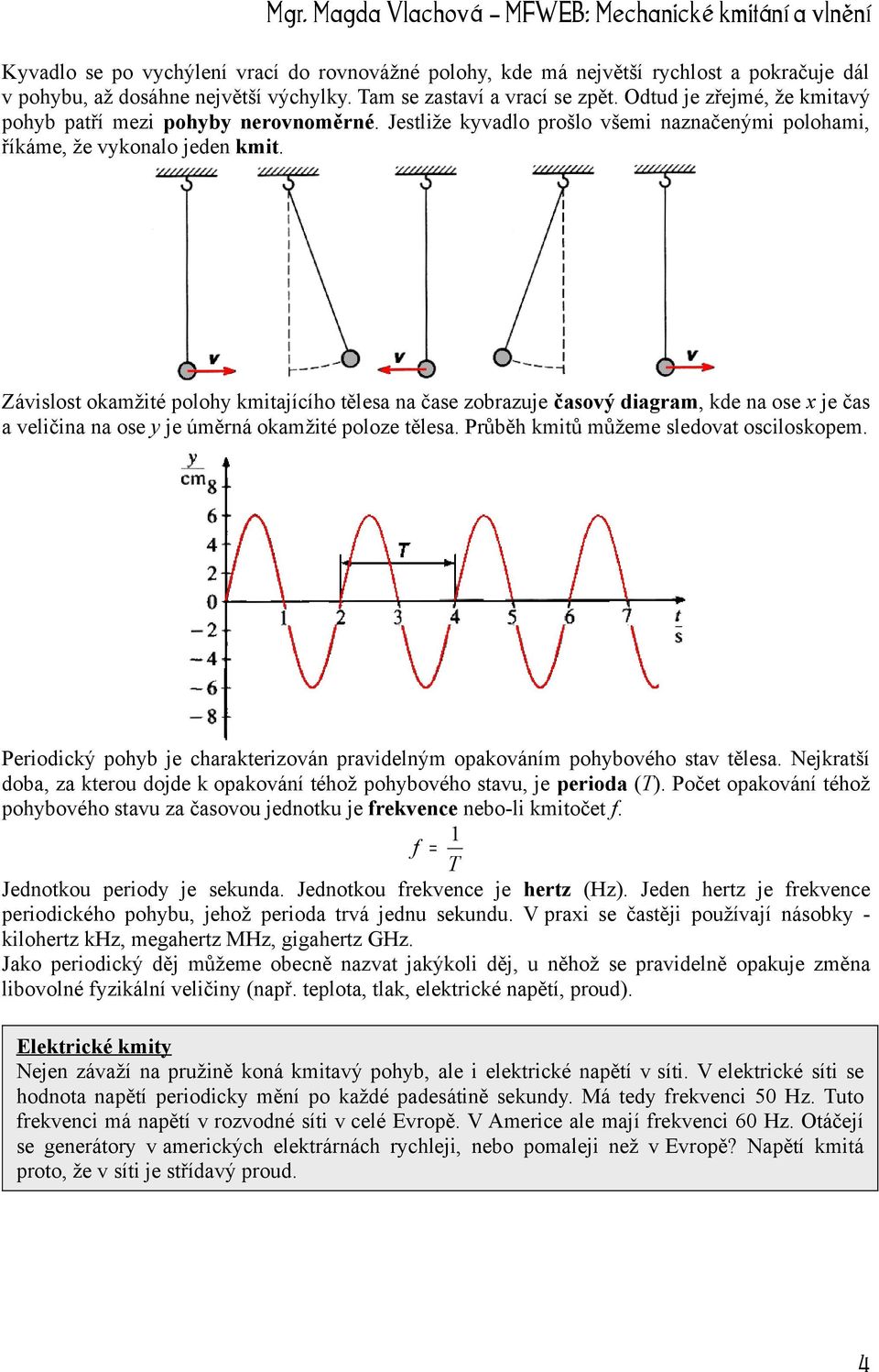 Závislost okamžité polohy kmitajícího tělesa na čase zobrazuje časový diagram, kde na ose x je čas a veličina na ose y je úměrná okamžité poloze tělesa. Průběh kmitů můžeme sledovat osciloskopem.