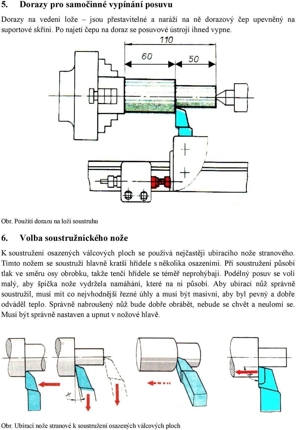 Tímto nožem se soustruží hlavně kratší hřídele s několika osazeními. Při soustružení působí tlak ve směru osy obrobku, takže tenčí hřídele se téměř neprohýbají.