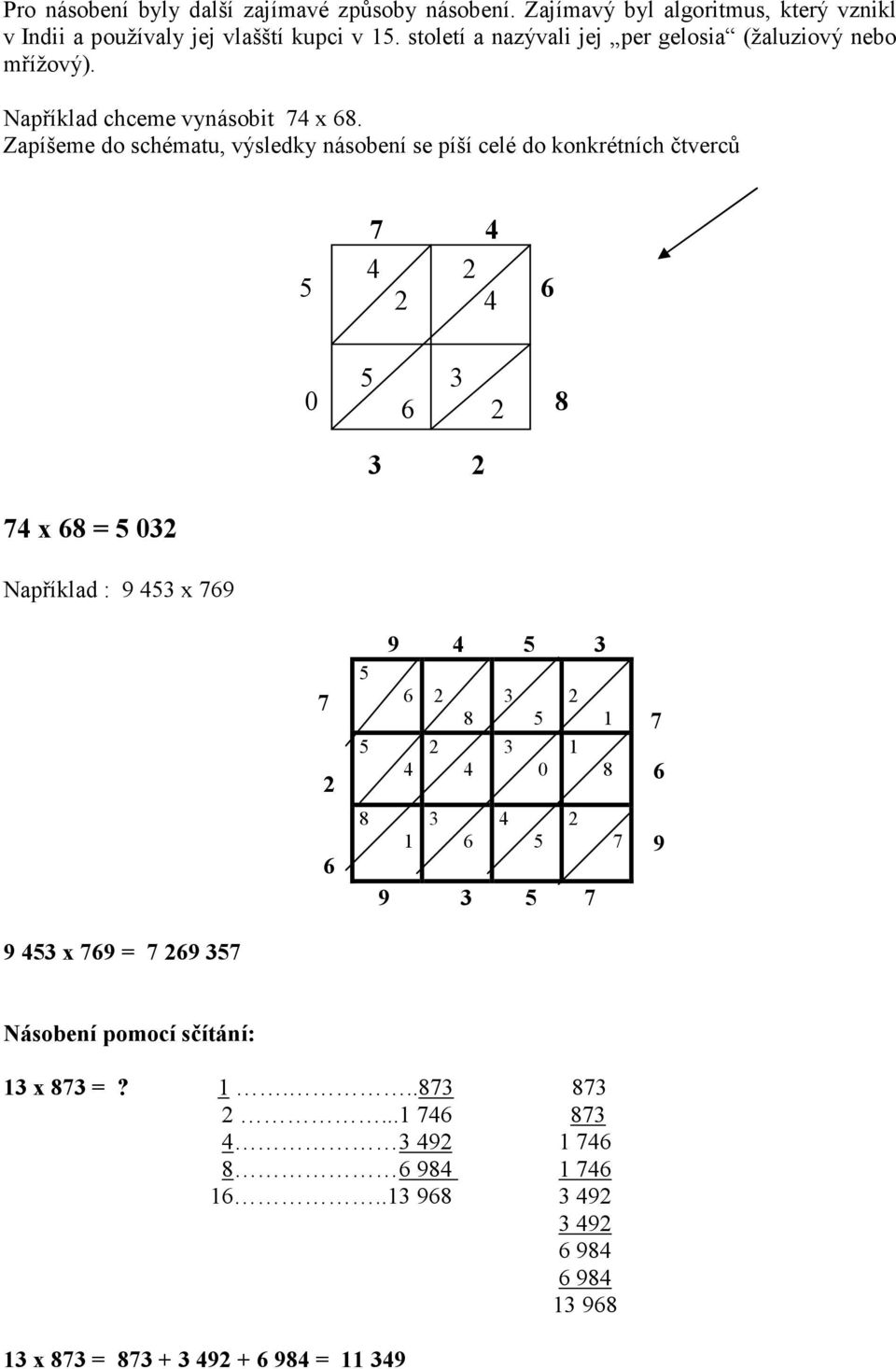 Zapíšeme do schématu, výsledky násobení se píší celé do konkrétních čtverců 7 4 5 4 2 2 4 6 0 5 3 6 2 8 3 2 74 x 68 = 5 032 Například : 9 453 x 769 7 2 5 5 9 4 5
