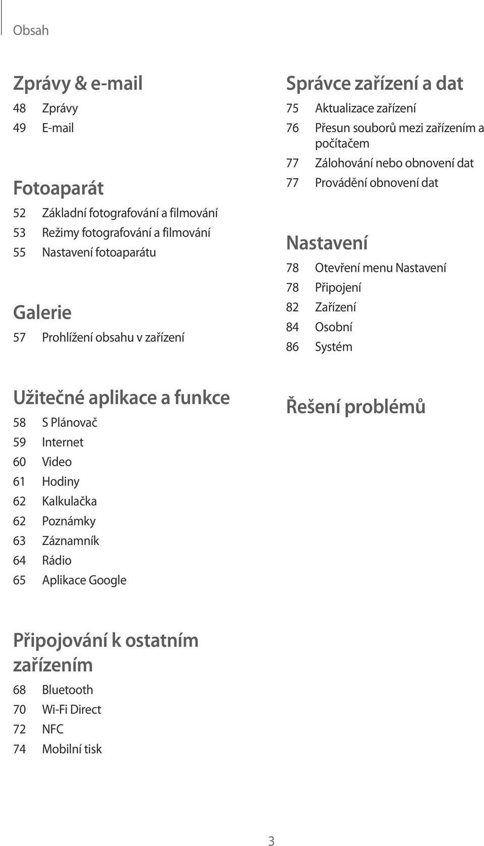 obnovení dat Nastavení 78 Otevření menu Nastavení 78 Připojení 82 Zařízení 84 Osobní 86 Systém Užitečné aplikace a funkce 58 S Plánovač 59 Internet 60 Video 61 Hodiny