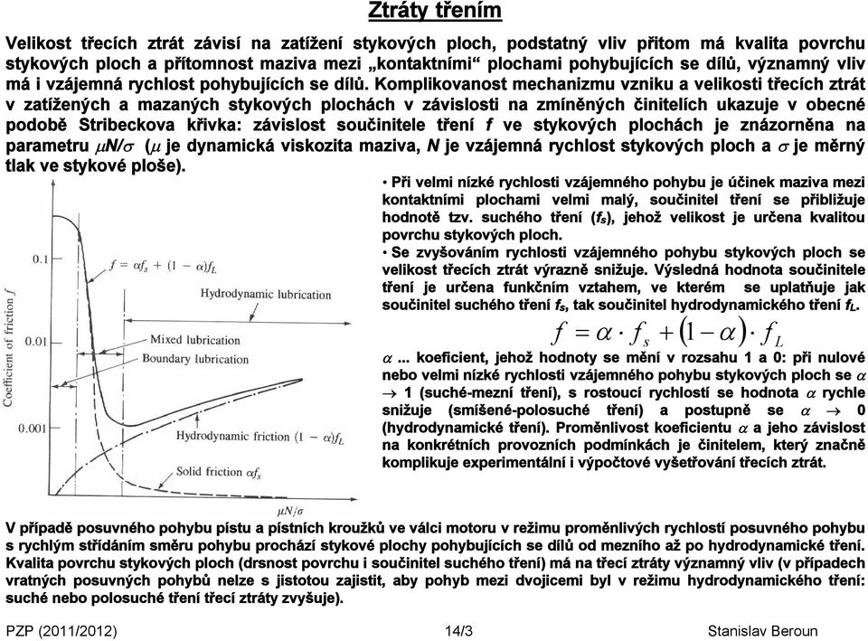 Komplikovanost mechanizmu vzniku a velikosti třecích ztrát v zatížených a mazaných stykových plochách v závislosti na zmíněných činitelích ukazuje v obecné podobě Stribeckova křivka: závislost