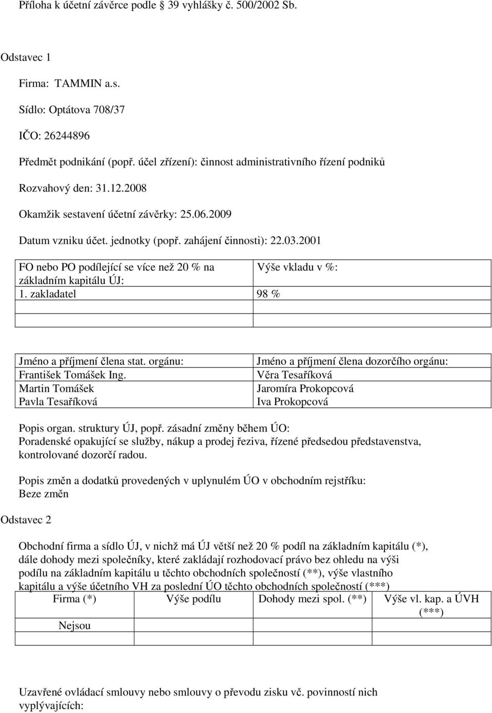 2001 FO nebo PO podílející se více než 20 % na Výše vkladu v %: základním kapitálu ÚJ: 1. zakladatel 98 % Jméno a příjmení člena stat. orgánu: František Tomášek Ing.