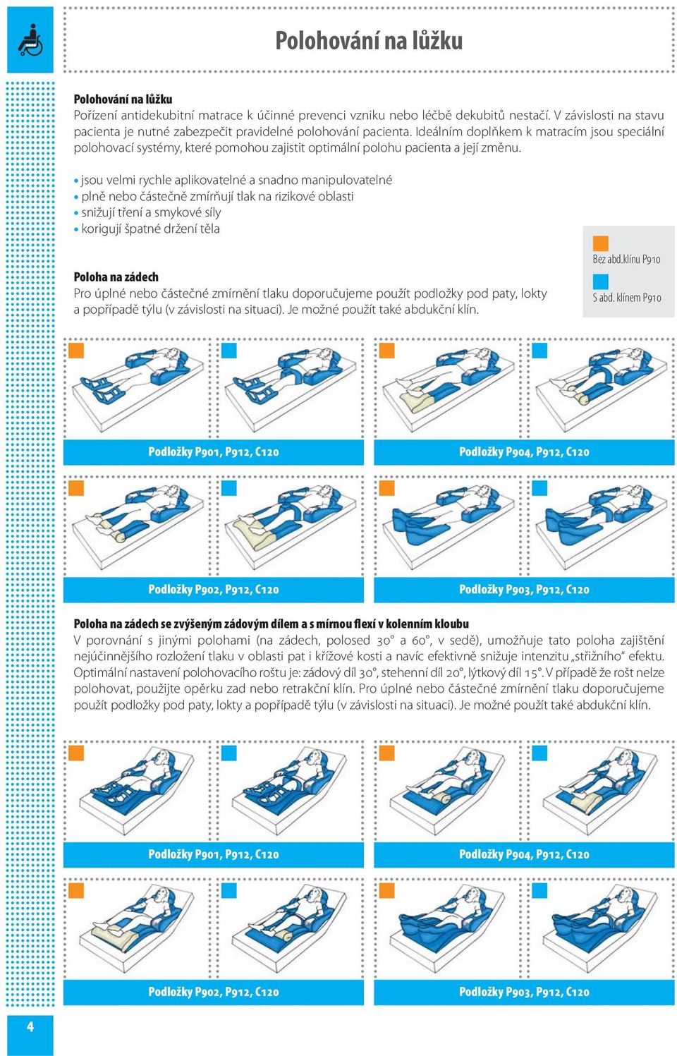 Ideálním doplňkem k matracím jsou speciální polohovací systémy, které pomohou zajistit optimální polohu pacienta a její změnu.