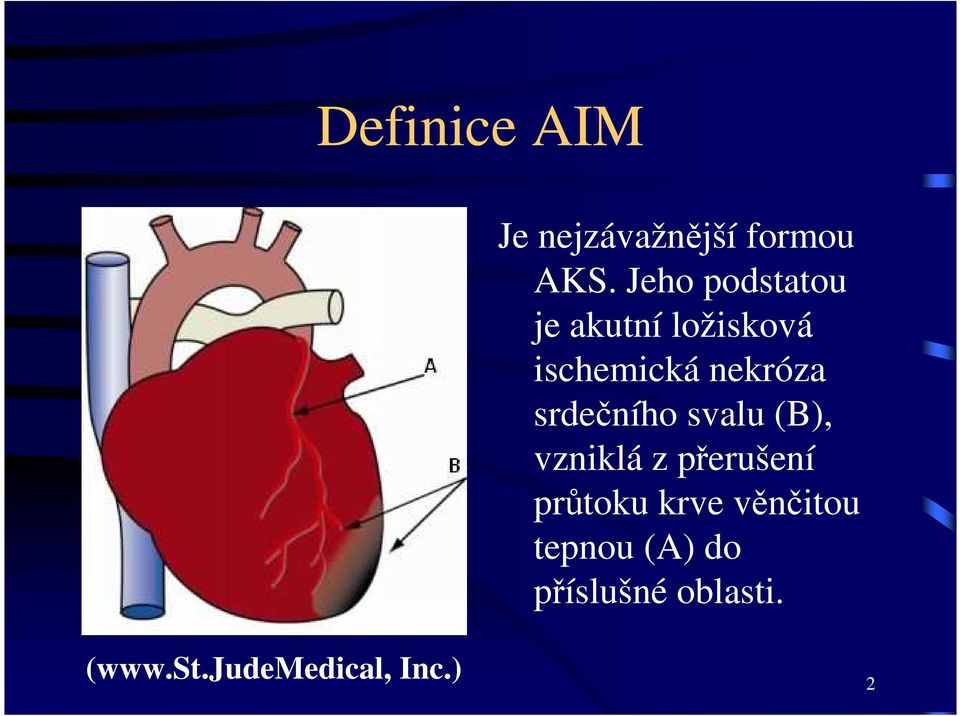 srdečního svalu (B), vzniklá z přerušení průtoku krve