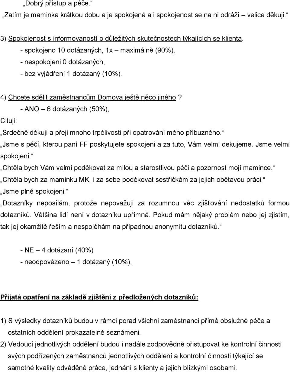 - ANO 6 dotázaných (50%), Cituji: Srdečně děkuji a přeji mnoho trpělivosti při opatrování mého příbuzného. Jsme s péčí, kterou paní FF poskytujete spokojeni a za tuto, Vám velmi dekujeme.