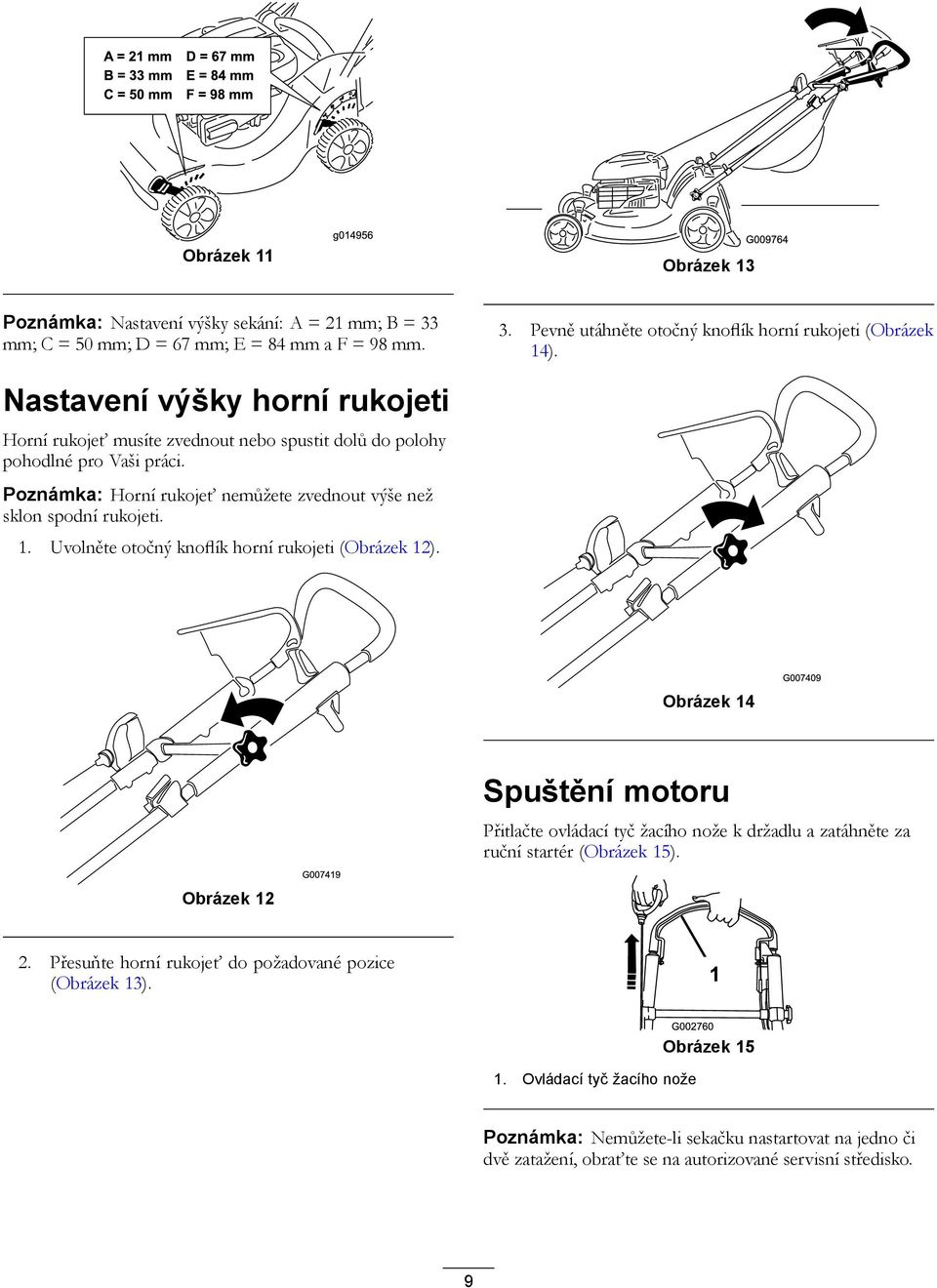 Uvolněte otočný knoflík horní rukojeti (Obrázek 12). Obrázek 14 Spuštění motoru Přitlačte ovládací tyč žacího nože k držadlu a zatáhněte za ruční startér (Obrázek 15). Obrázek 12 2.