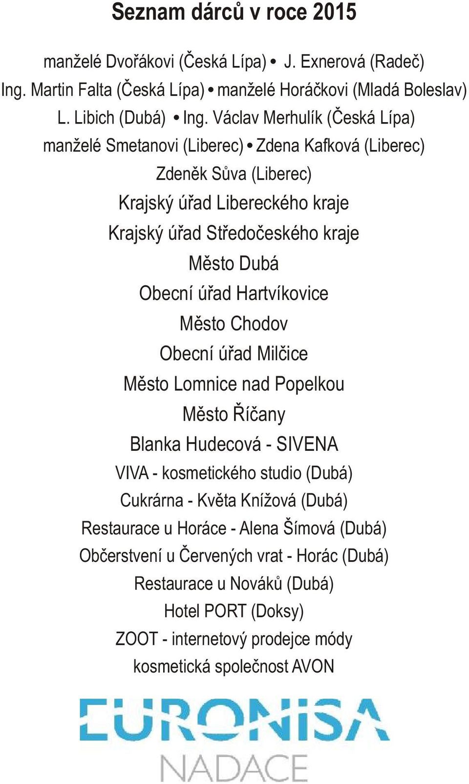 Obecní úøad Hartvíkovice Mìsto Chodov Obecní úøad Milèice Mìsto Lomnice nad Popelkou Mìsto Øíèany Blanka Hudecová - SIVENA VIVA - kosmetického studio (Dubá) Cukrárna - Kvìta