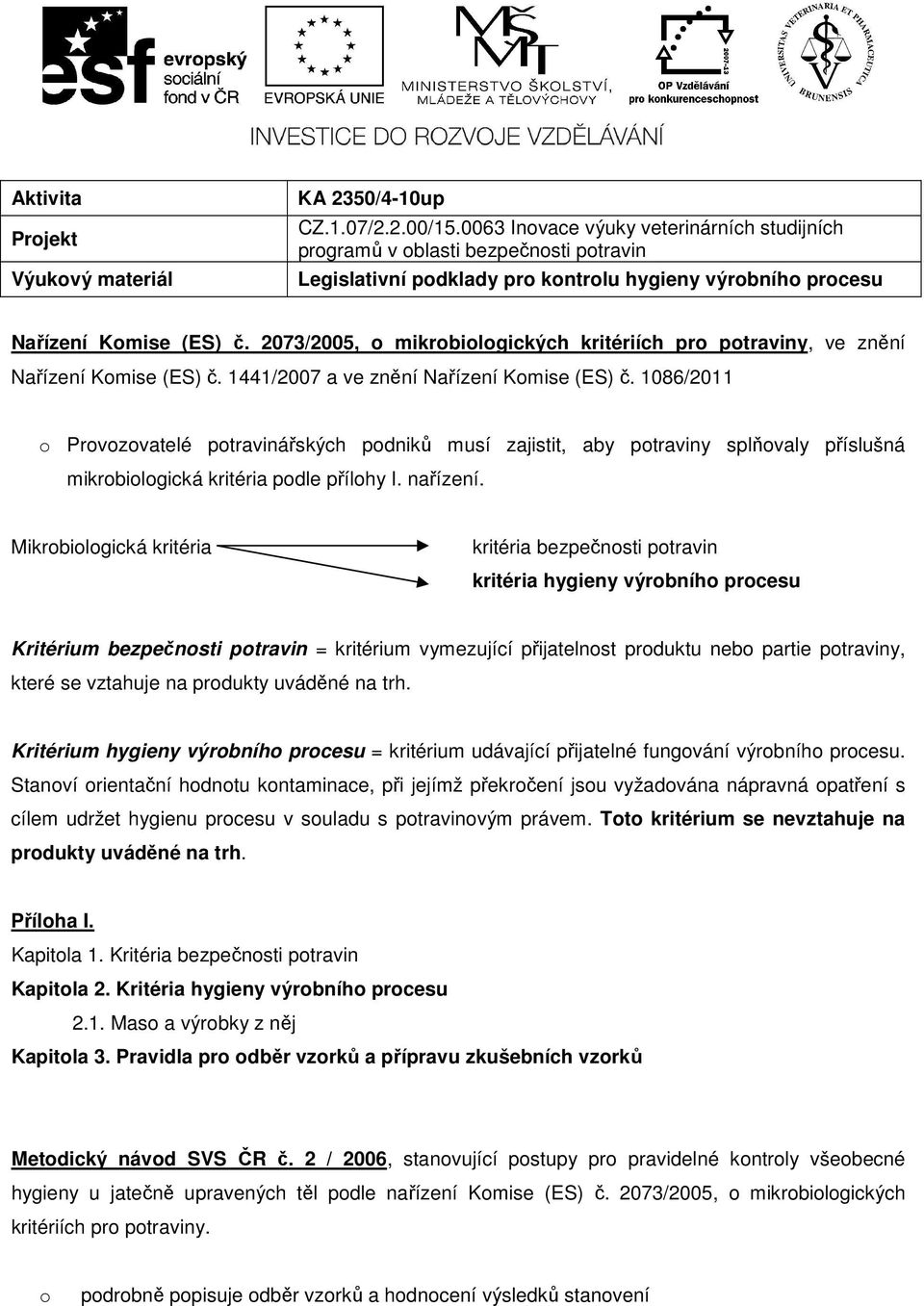 2073/2005, o mikrobiologických kritériích pro potraviny, ve znění Nařízení Komise (ES) č. 1441/2007 a ve znění Nařízení Komise (ES) č.