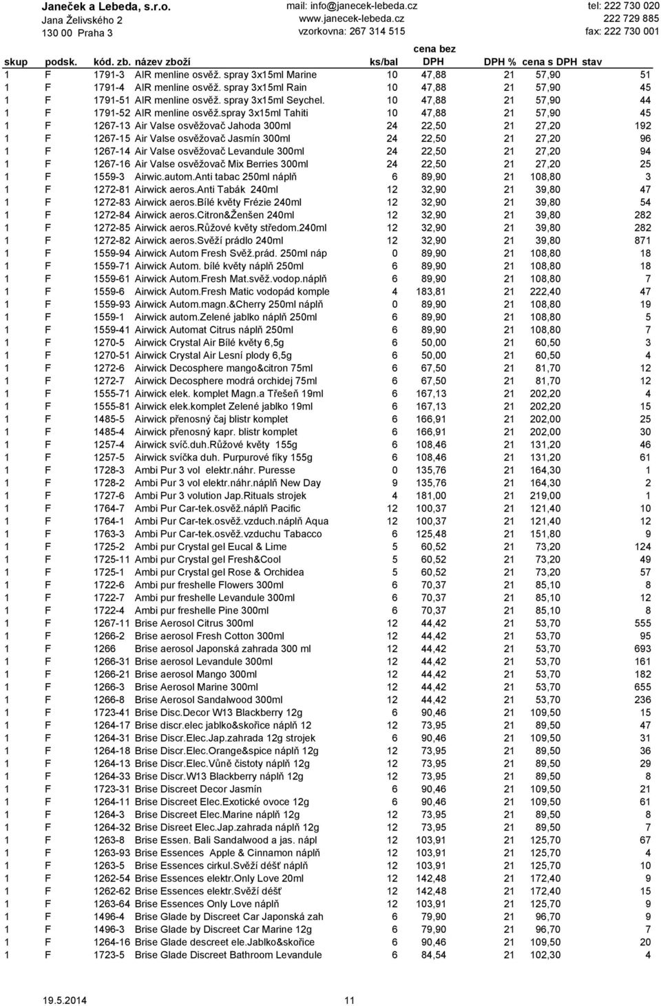 spray 3x15ml Tahiti 10 47,88 21 57,90 45 1 F 1267-13 Air Valse osvěžovač Jahoda 300ml 24 22,50 21 27,20 192 1 F 1267-15 Air Valse osvěžovač Jasmín 300ml 24 22,50 21 27,20 96 1 F 1267-14 Air Valse