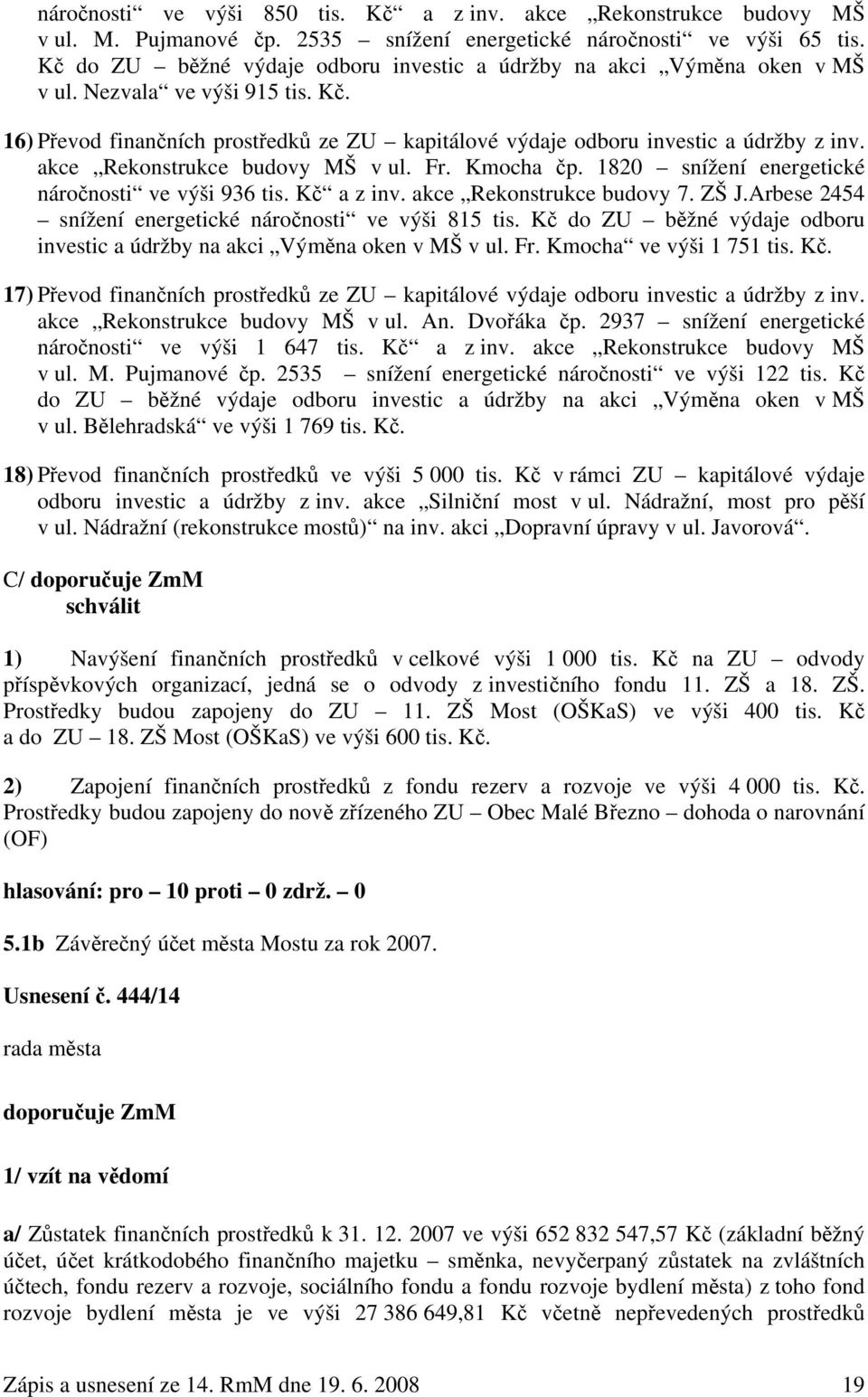 akce Rekonstrukce budovy MŠ v ul. Fr. Kmocha čp. 1820 snížení energetické náročnosti ve výši 936 tis. Kč a z inv. akce Rekonstrukce budovy 7. ZŠ J.