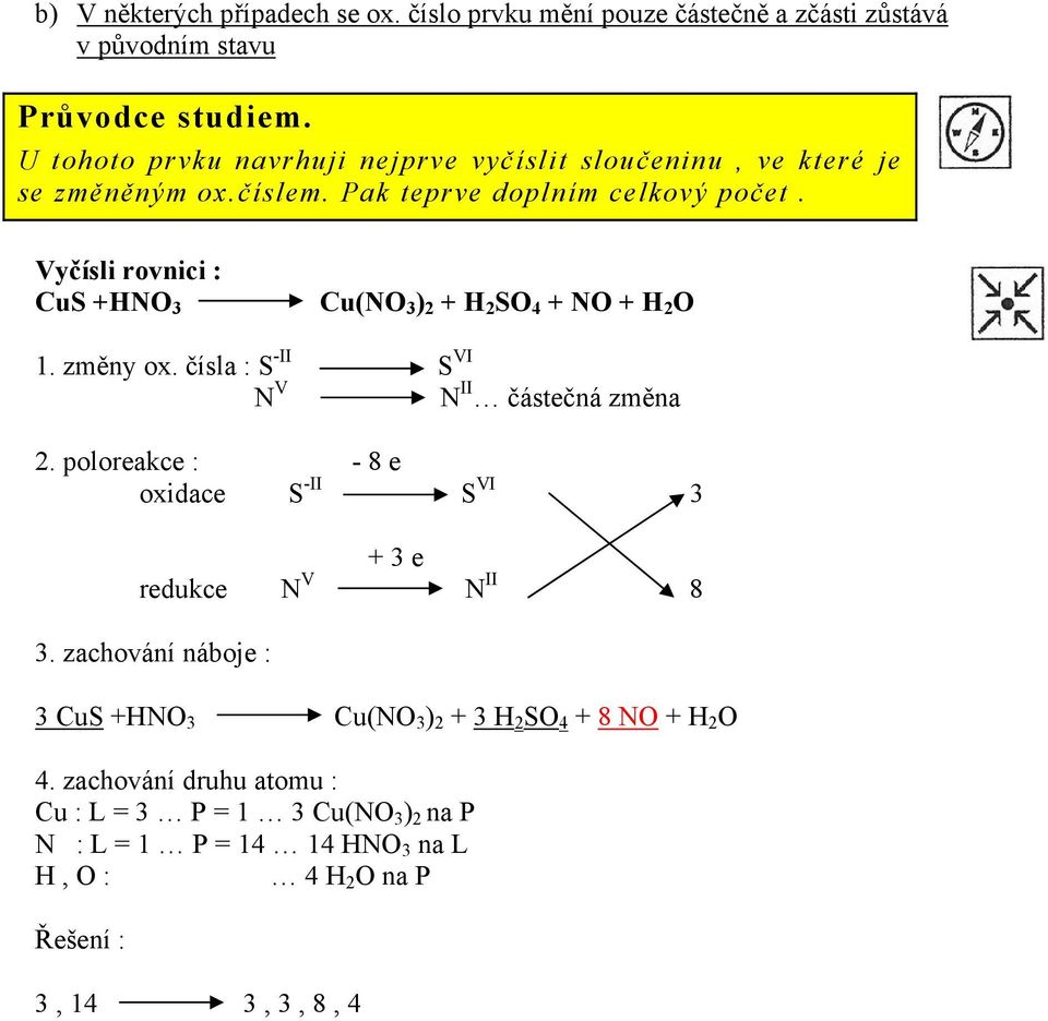 číslem. Pak teprve doplním celkový počet. Vyčísli rovnici : CuS +HNO 3 Cu(NO 3 ) 2 + H 2 SO 4 + NO + H 2 O 1. změny ox.