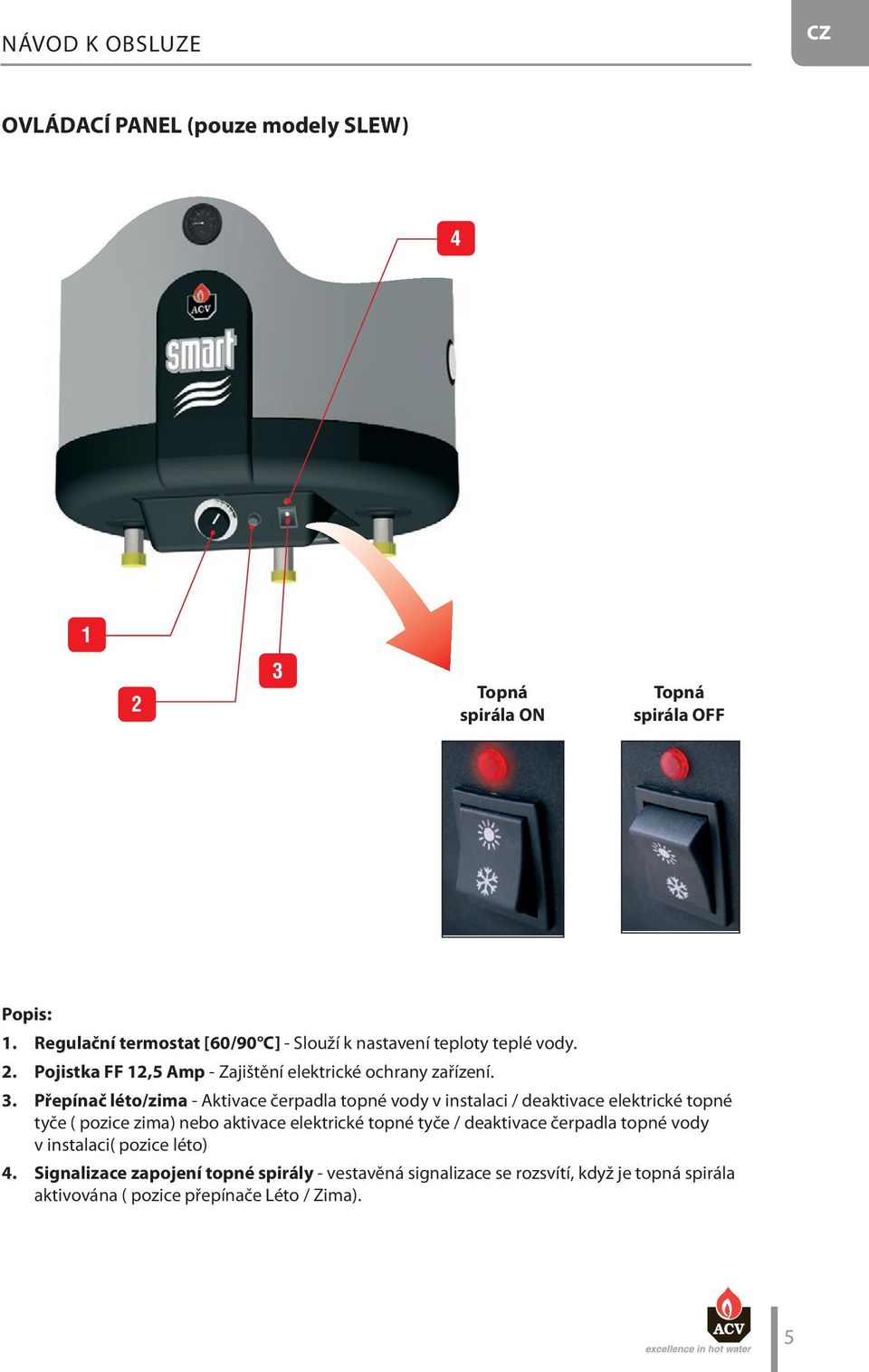 Přepínač léto/zima Aktivace čerpadla topné vody v instalaci / deaktivace elektrické topné tyče ( pozice zima) nebo aktivace elektrické topné tyče