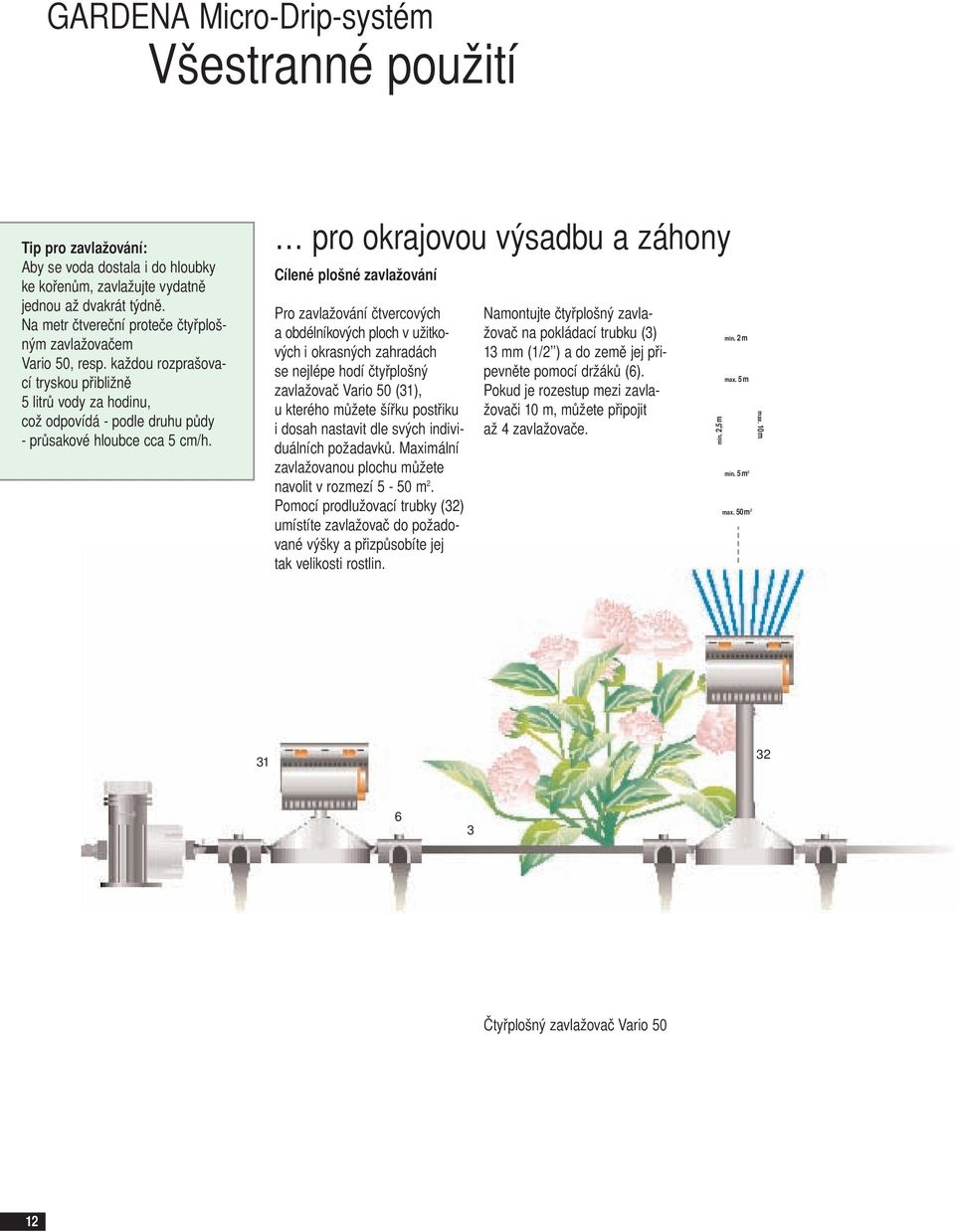pro okrajovou výsadbu a záhony Cílené plošné zavlažování Pro zavlažování čtverco vých a obdélníkových ploch v užitko - vých i okrasných zahradách se nejlépe hodí čtyřplošný zavlažovač Vario 50 (31),