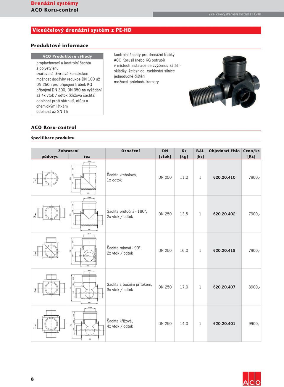 otěru a chemickým látkám odolnost až SN 16 kontrolní šachty pro drenážní trubky ACO Korusil (nebo KG potrubí) v místech instalace se zvýšenou zátěží - skládky, železnice, rychlostní silnice