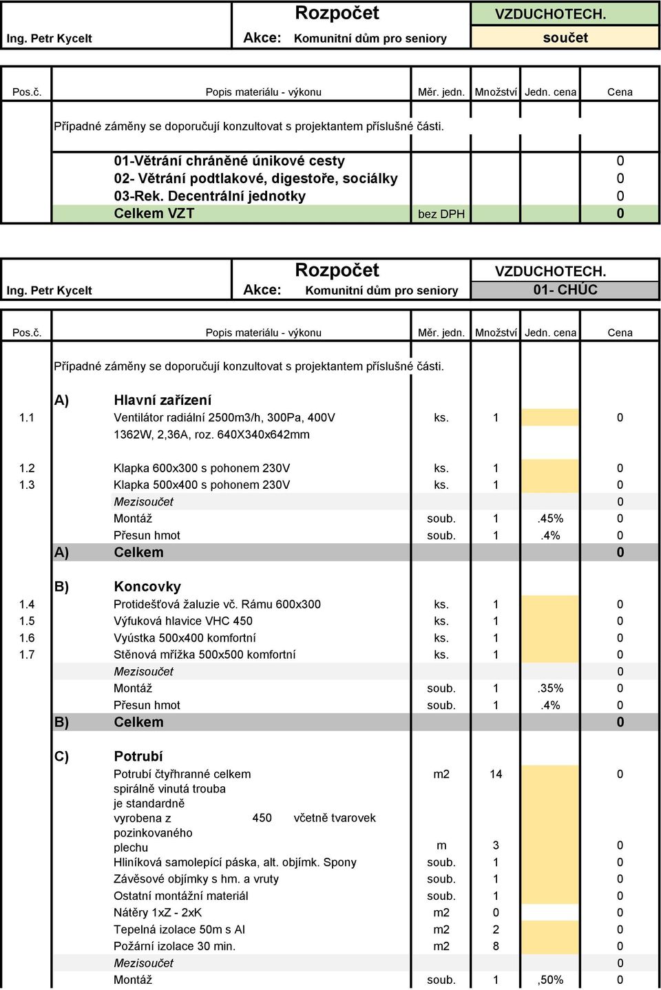 Decentrální jednotky 0 Celkem VZT bez DPH 0 Ing. Petr Kycelt Akce: Rozpočet Komunitní dům pro seniory VZDUCHOTECH. 01- CHÚC Pos.č. Popis materiálu - výkonu Měr. jedn. Množství Jedn.