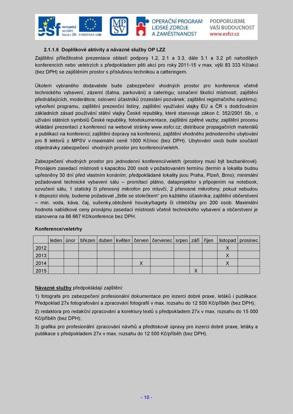 Úkolem vybraného dodavatele bude zabezpečení vhodných prostor pro konference včetně technického vybavení, zázemí (šatna, parkování) a cateringu; označení školící místnosti; zajištění přednášejících,