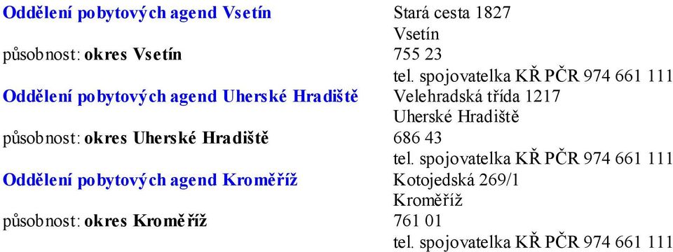 agend Kroměříž působnost: okres Kromě říž Stará cesta 1827 Vsetín 755 23