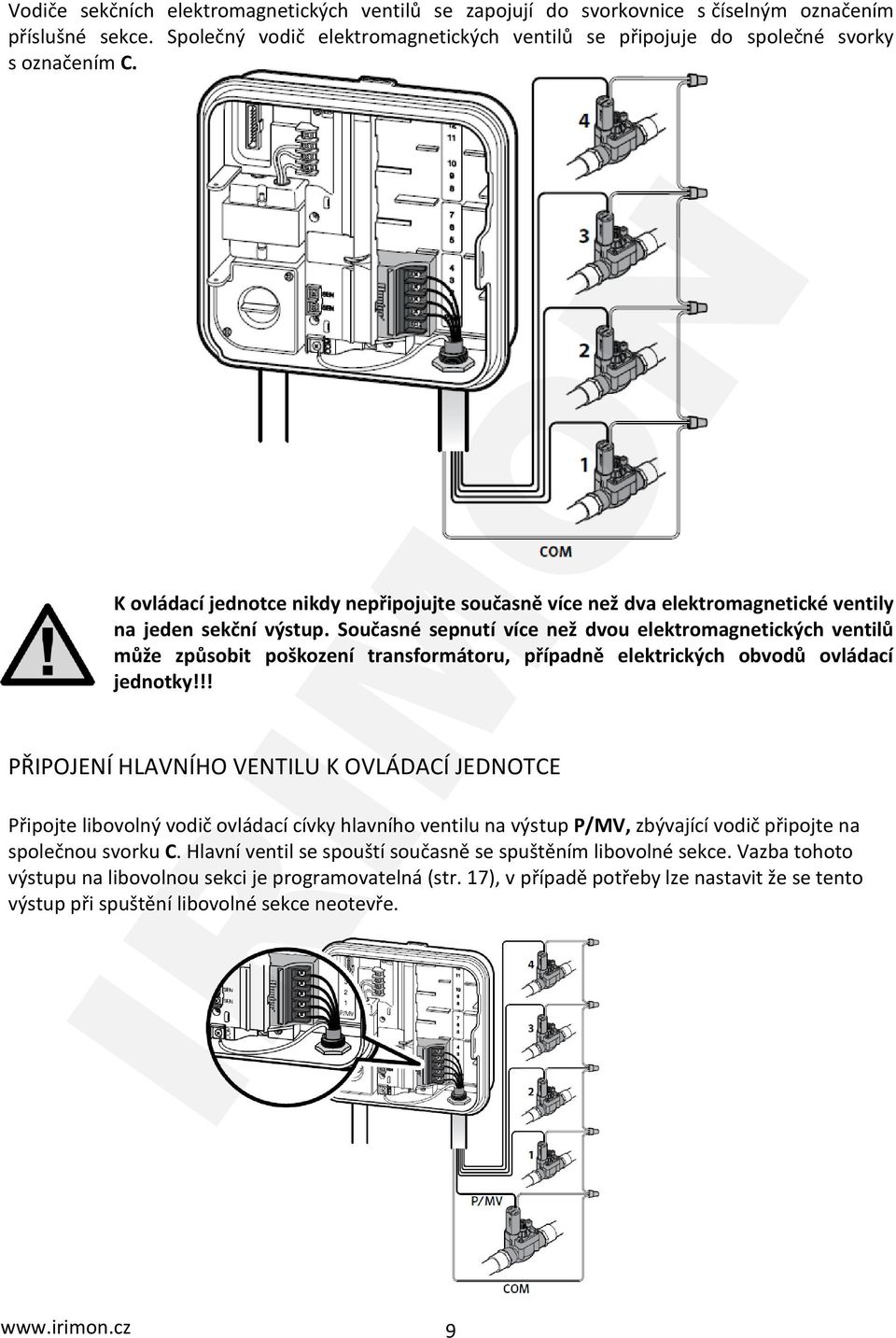Současné sepnutí více než dvou elektromagnetických ventilů může způsobit poškození transformátoru, případně elektrických obvodů ovládací jednotky!