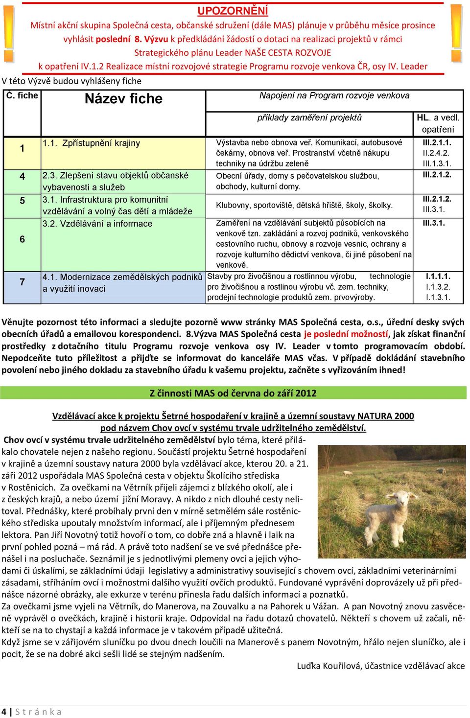 2 Realizace místní rozvojové strategie Programu rozvoje venkova ČR, osy IV. Leader V této Výzvě budou vyhlášeny fiche Č.
