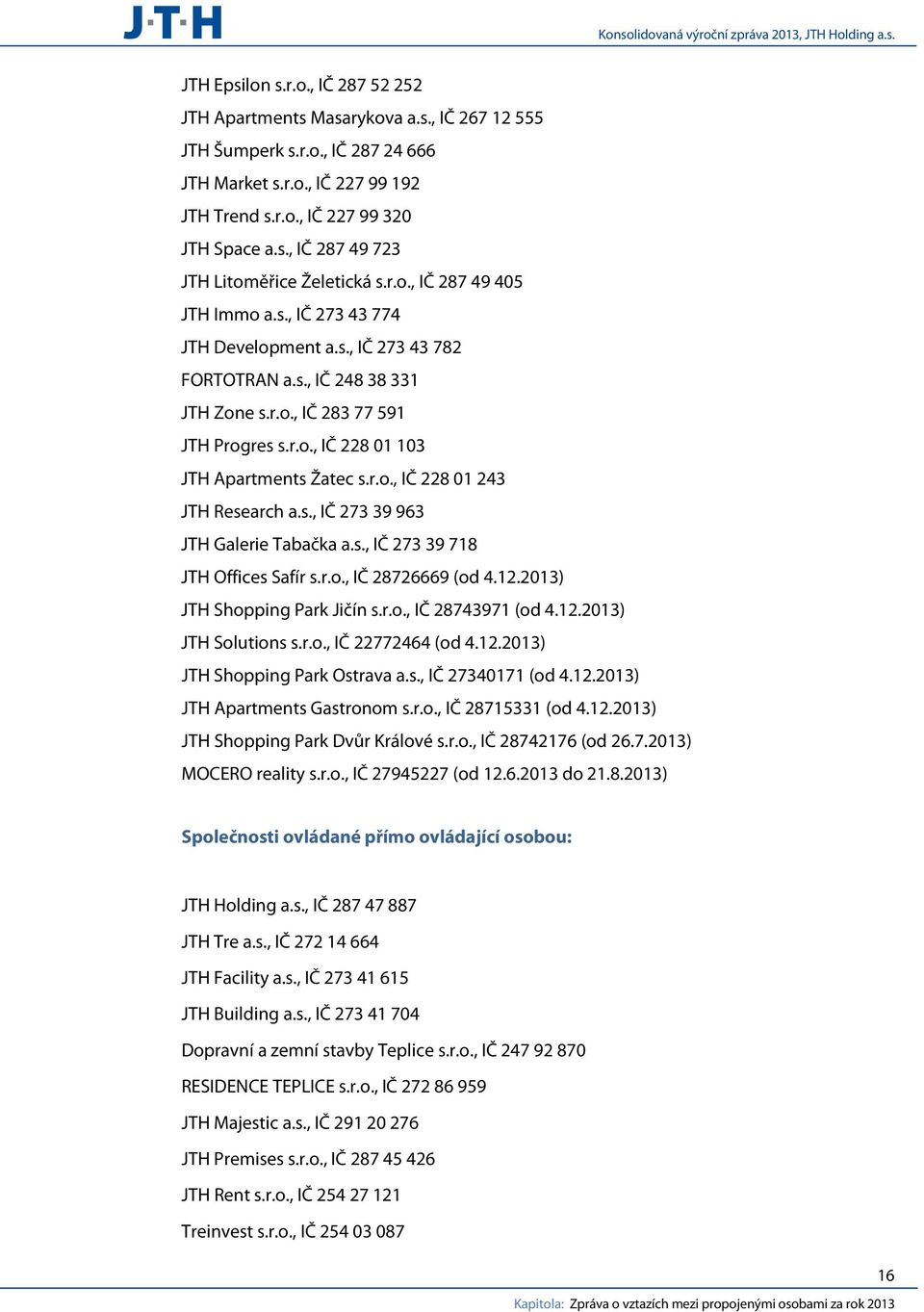 r.o., IČ 228 01 243 JTH Research a.s., IČ 273 39 963 JTH Galerie Tabačka a.s., IČ 273 39 718 JTH Offices Safír s.r.o., IČ 28726669 (od 4.12.2013) JTH Shopping Park Jičín s.r.o., IČ 28743971 (od 4.12.2013) JTH Solutions s.