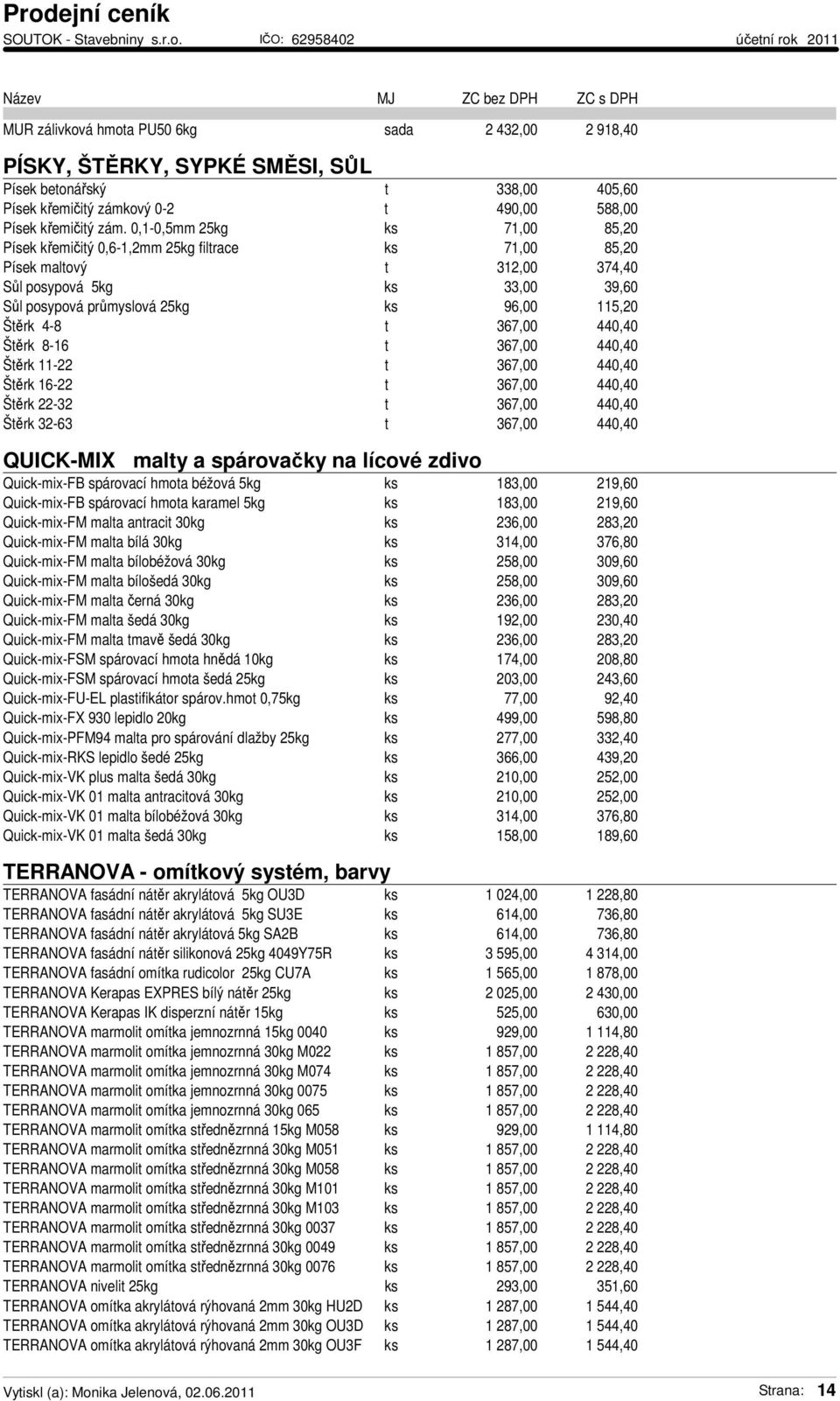 4-8 t 367,00 440,40 Štěrk 8-16 t 367,00 440,40 Štěrk 11-22 t 367,00 440,40 Štěrk 16-22 t 367,00 440,40 Štěrk 22-32 t 367,00 440,40 Štěrk 32-63 t 367,00 440,40 QUICK-MIX malty a spárovačky na lícové