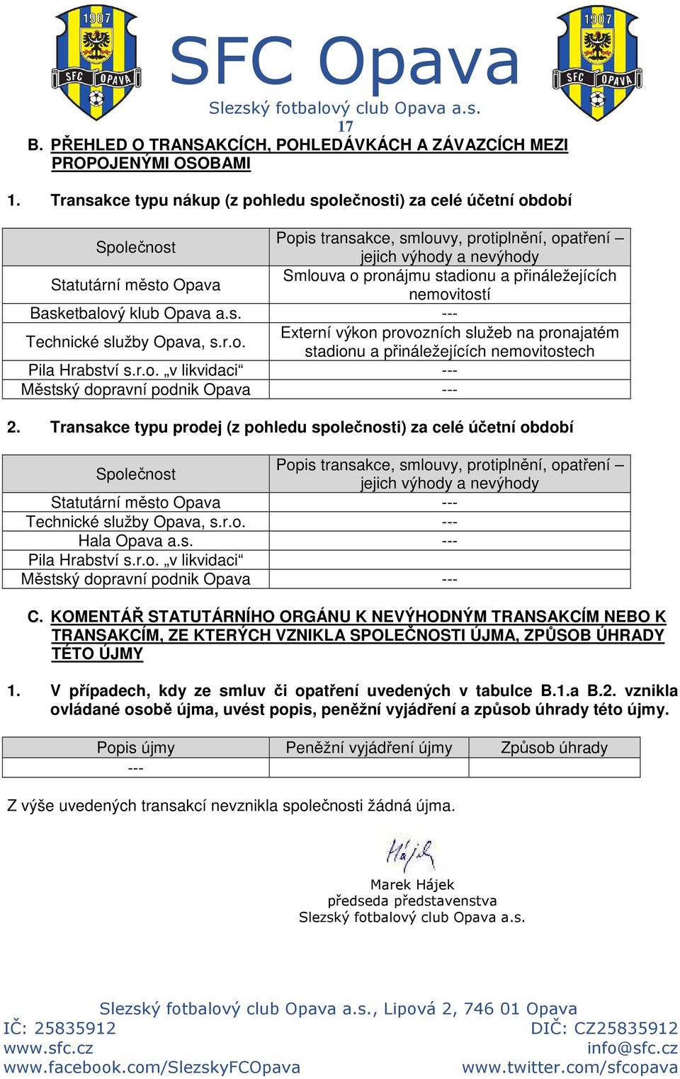 stadionu a přináležejících nemovitostí Basketbalový klub Opava a.s. --- Technické služby Opava, s.r.o. Externí výkon provozních služeb na pronajatém stadionu a přináležejících nemovitostech Pila Hrabství s.