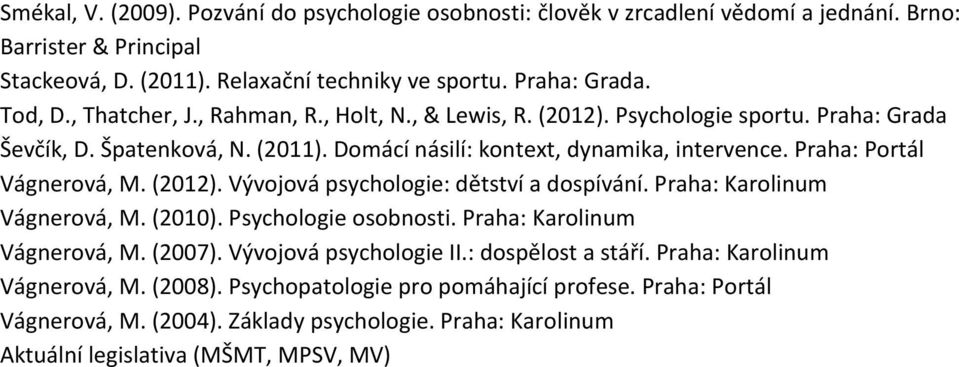 Praha: Portál Vágnerová, M. (2012). Vývojová psychologie: dětství a dospívání. Praha: Karolinum Vágnerová, M. (2010). Psychologie osobnosti. Praha: Karolinum Vágnerová, M. (2007).